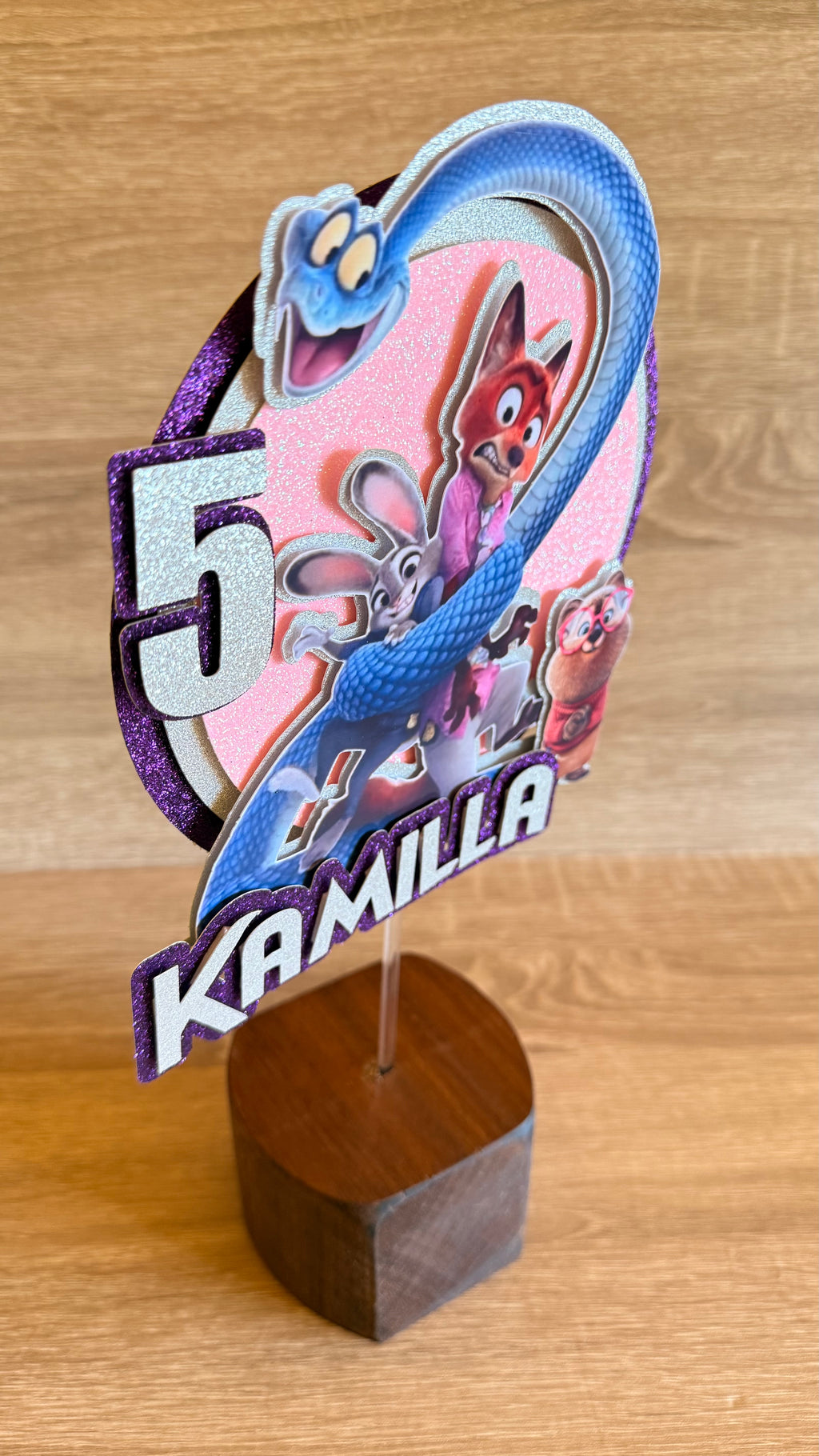 Zootopia 2 Personalised Cake Topper | Purple Glitter Name & Age Birthday Decoration