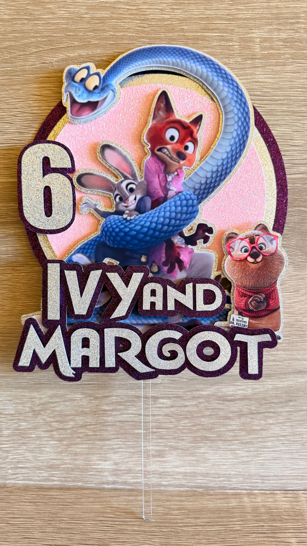 Zootopia 2 Personalised Cake Topper | Purple Glitter Name & Age Birthday Decoration