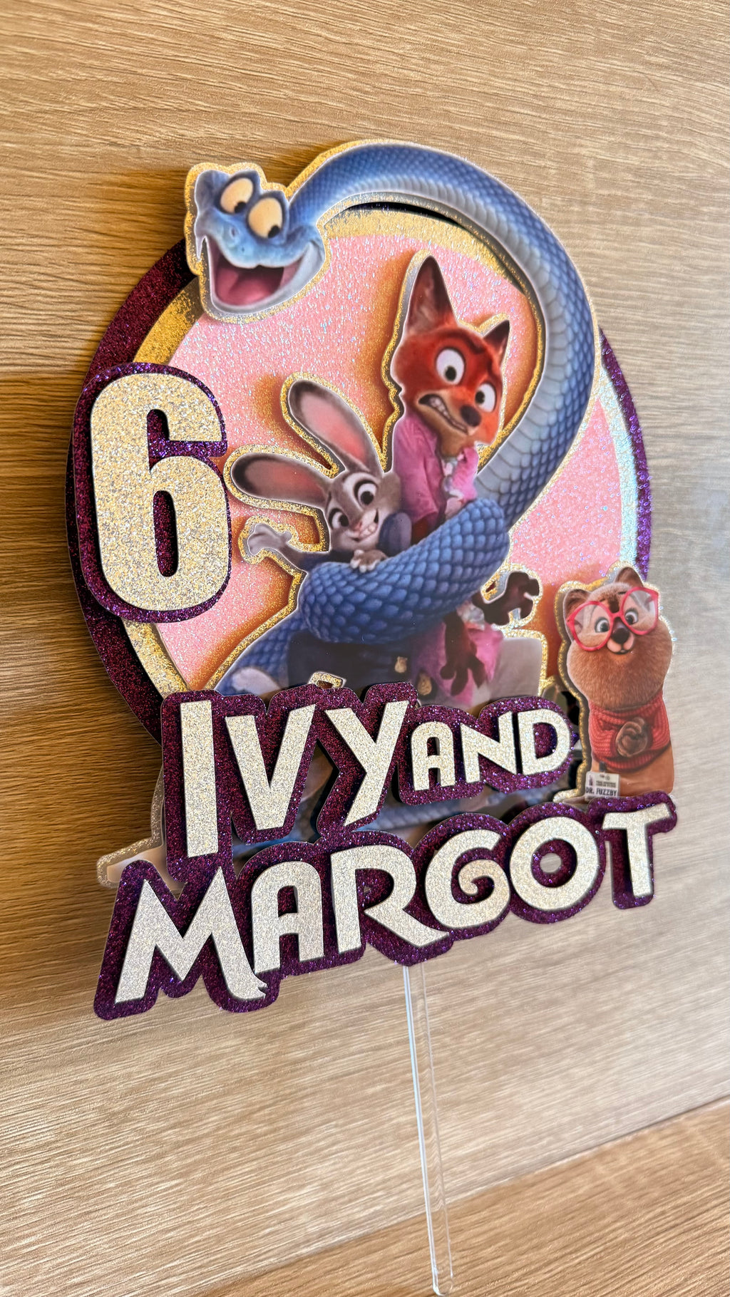 Zootopia 2 Personalised Cake Topper | Purple Glitter Name & Age Birthday Decoration