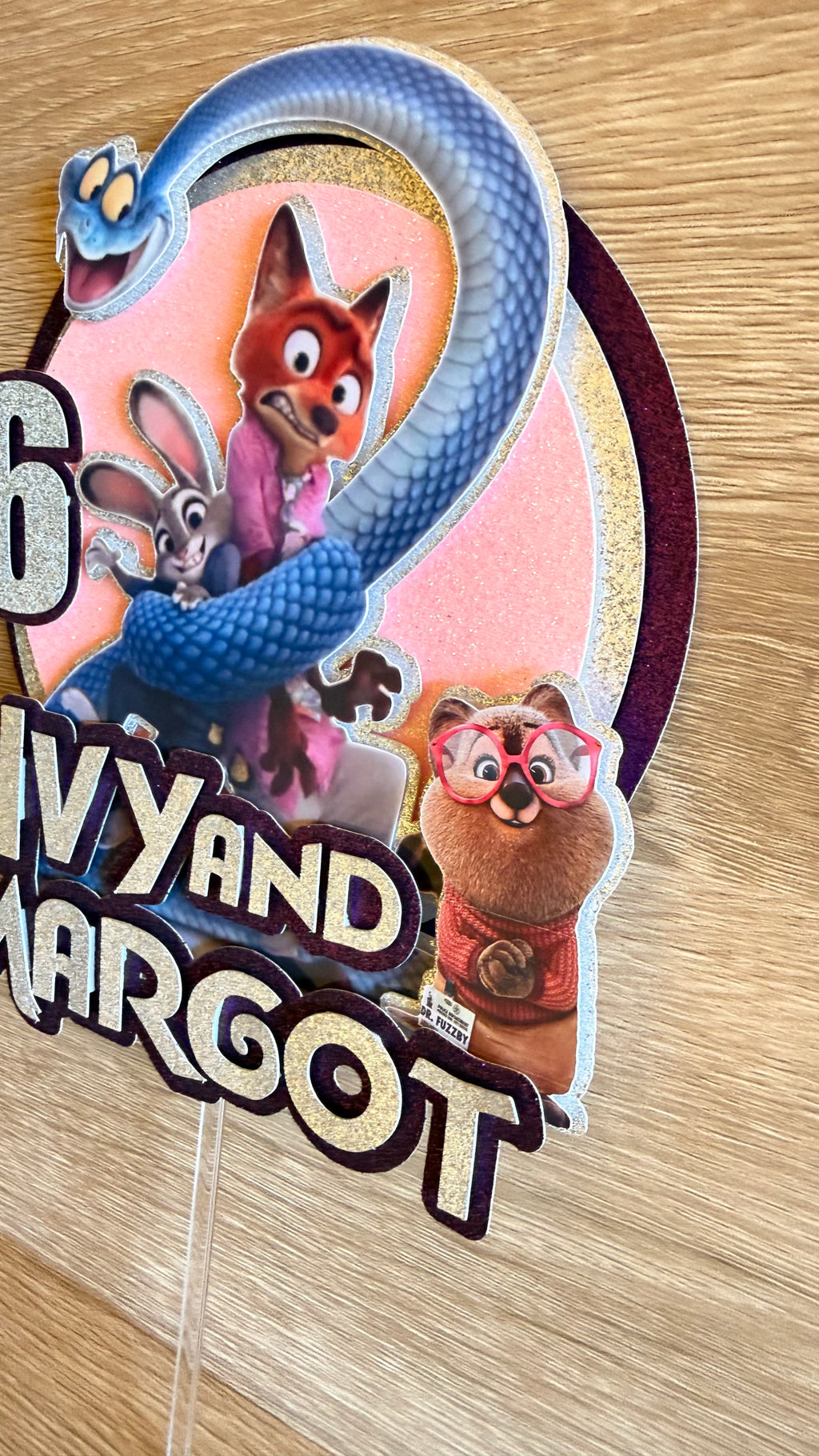 Zootopia 2 Personalised Cake Topper | Purple Glitter Name & Age Birthday Decoration