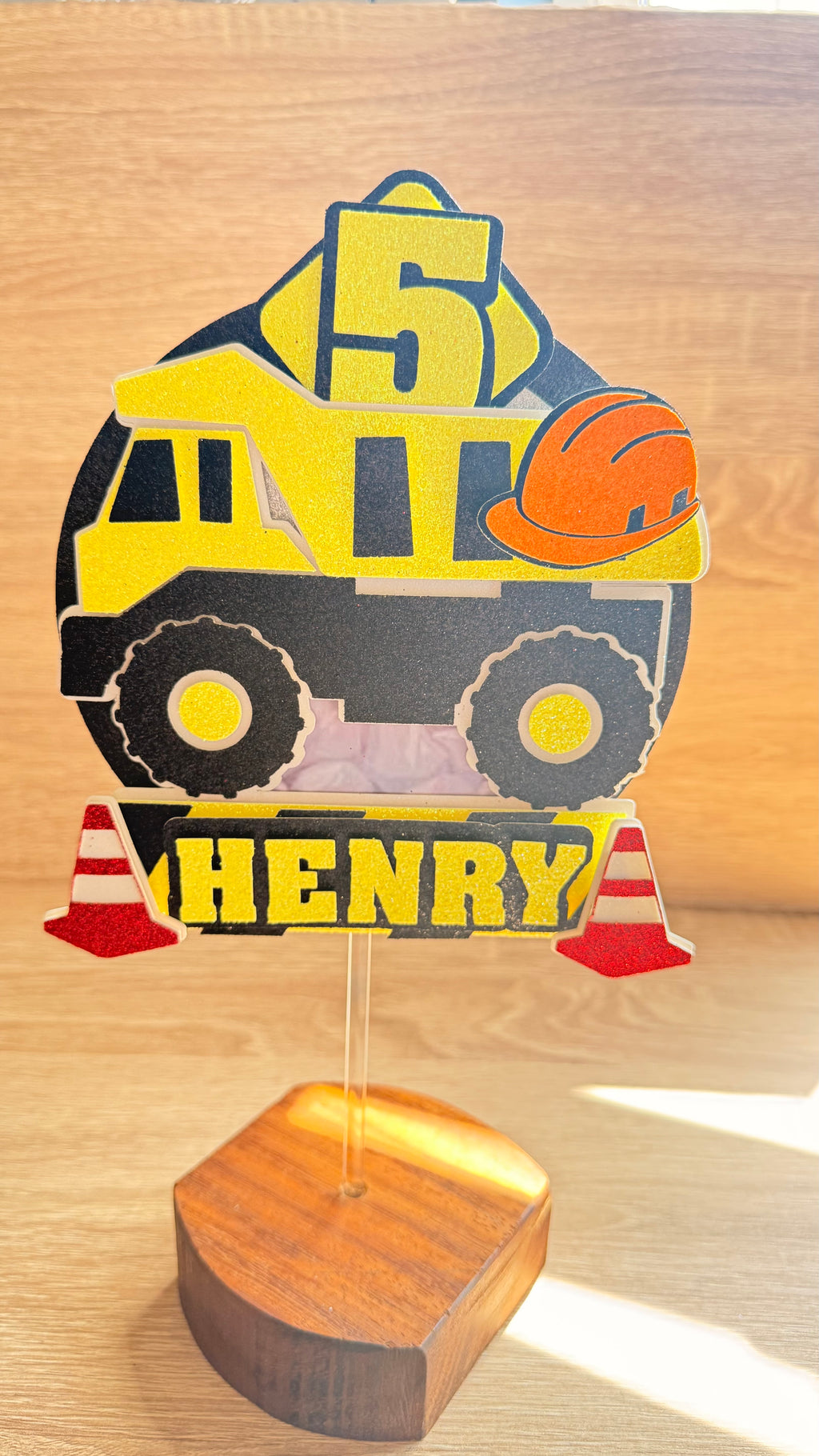 Personalised Construction Truck Cake Topper – Custom Name & Age Birthday Decoration