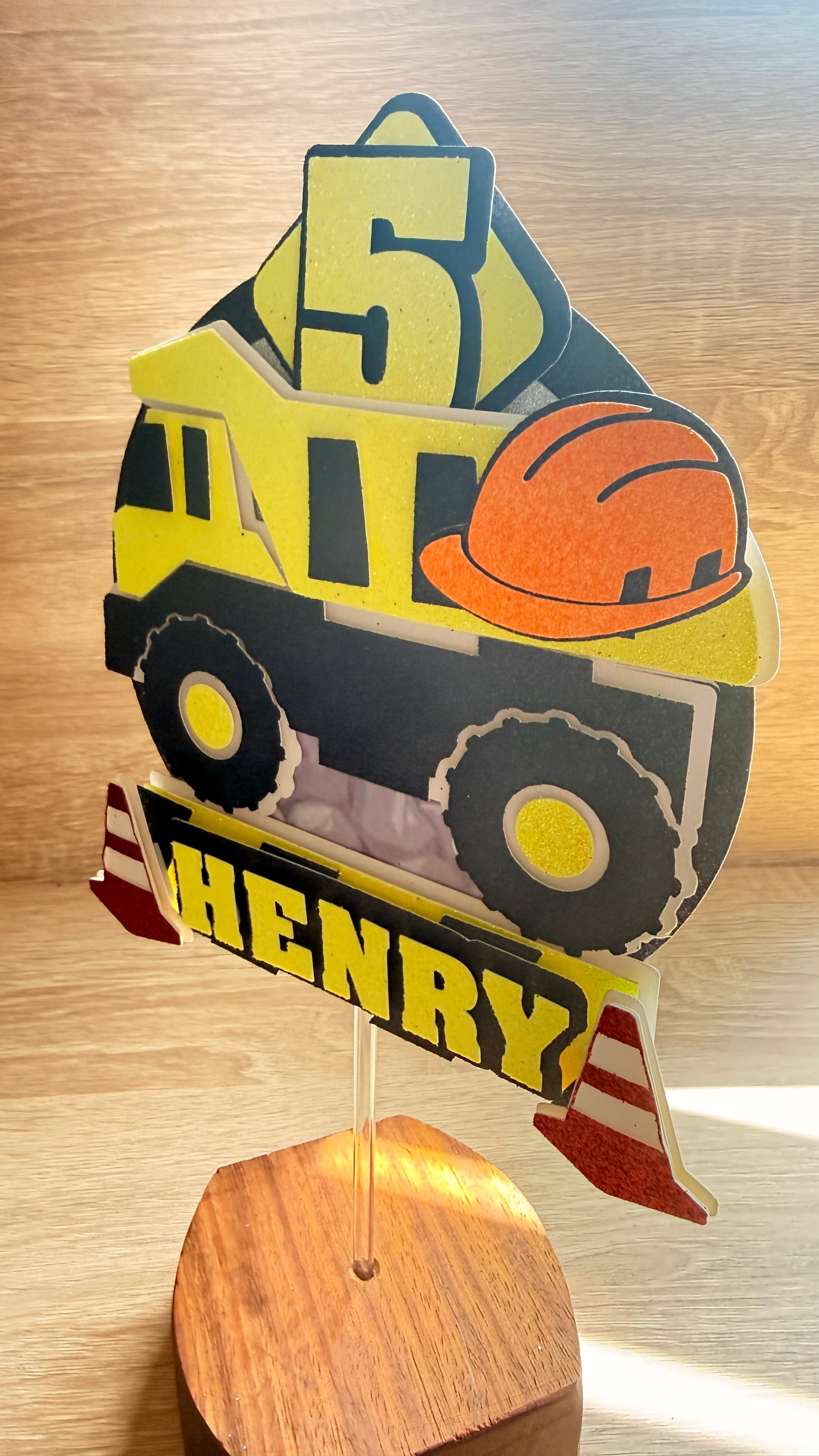 Personalised Construction Truck Cake Topper – Custom Name & Age Birthday Decoration