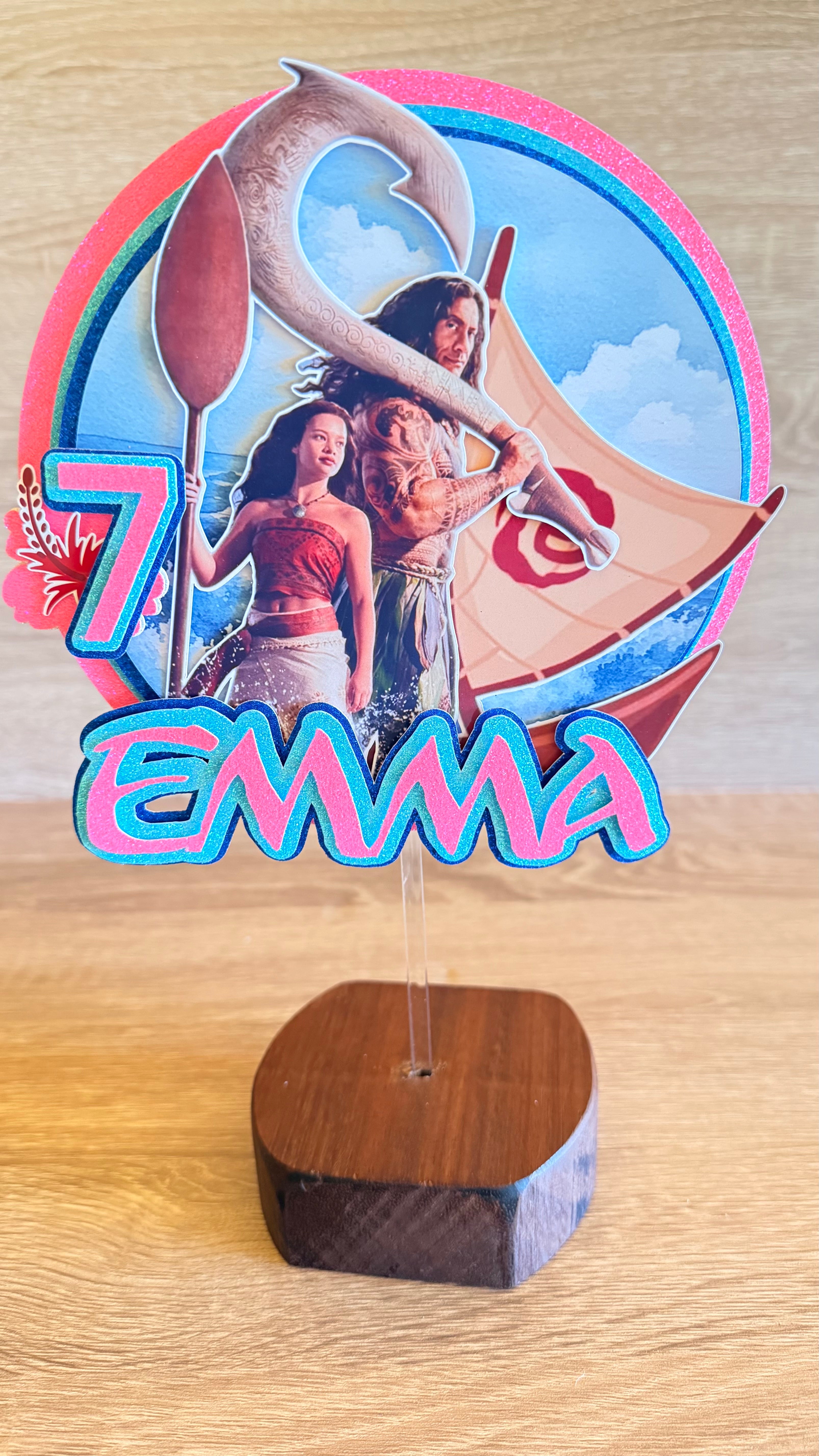Moana Birthday Cake Topper – Personalised Name & Age Decoration