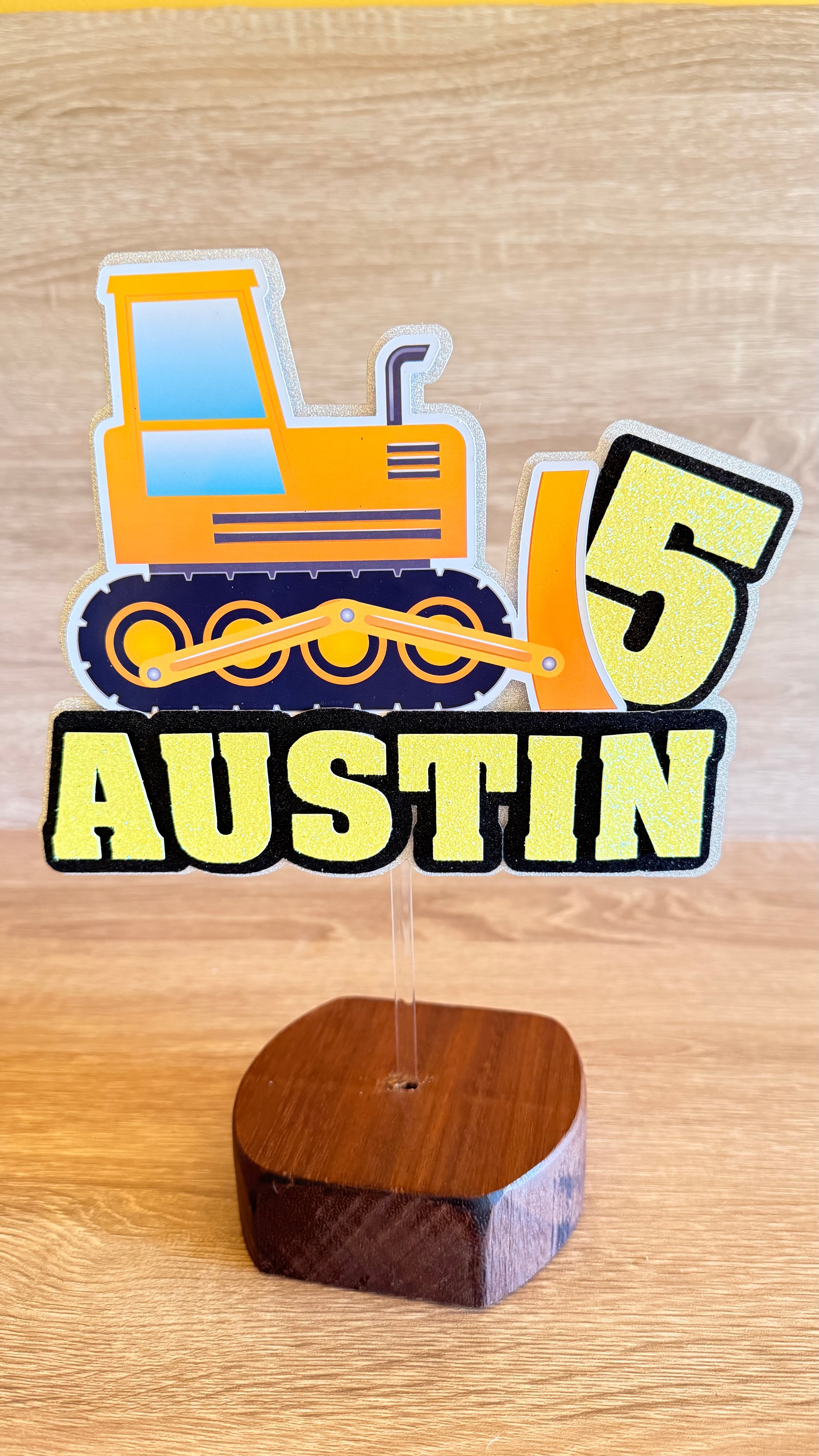 Construction Dozer Birthday Cake Topper – Personalised Name & Age Decoration