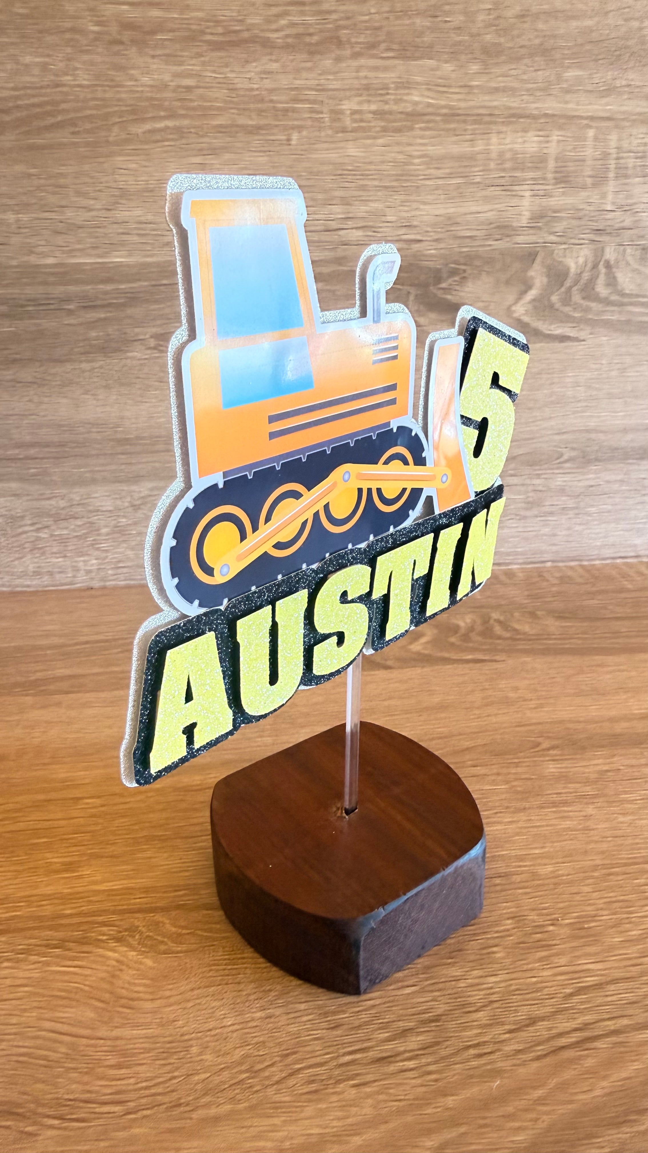 Construction Dozer Birthday Cake Topper – Personalised Name & Age Decoration