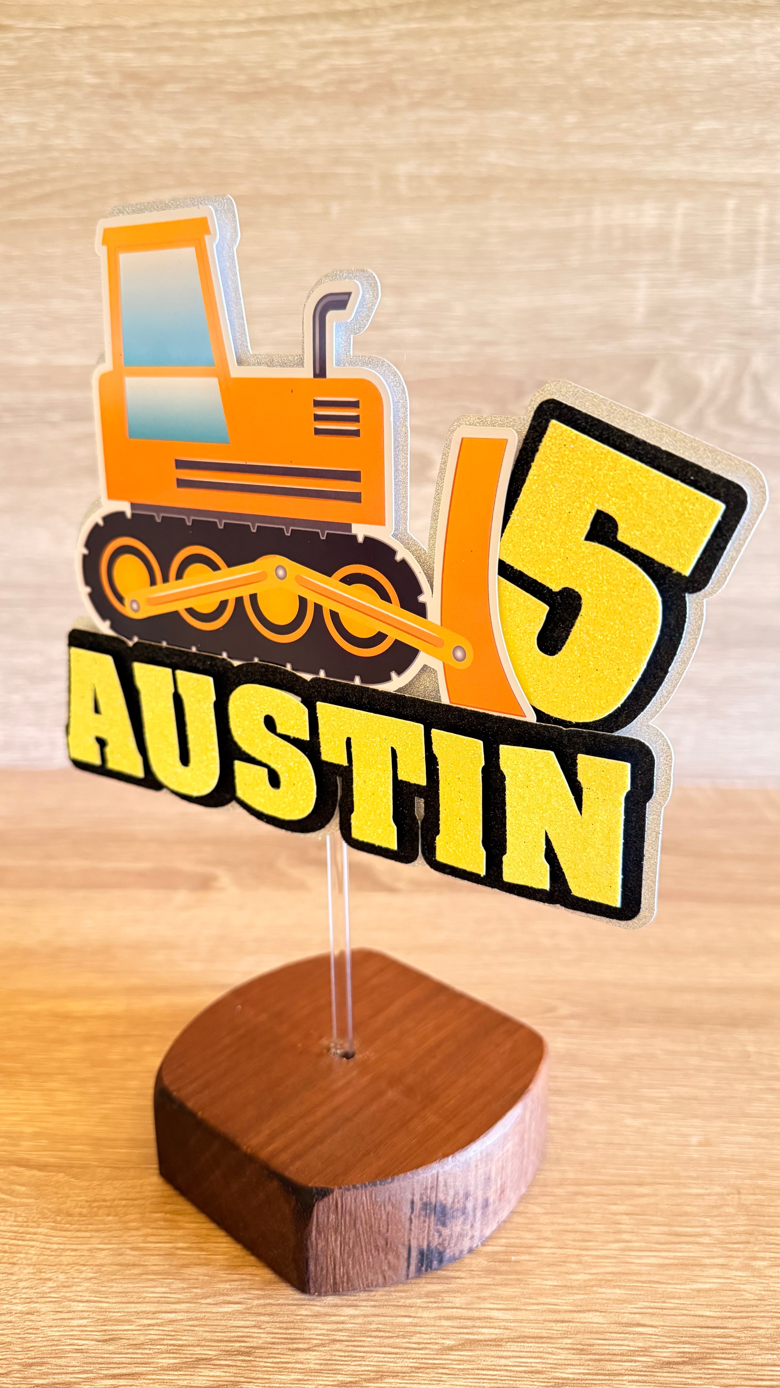 Construction Dozer Birthday Cake Topper – Personalised Name & Age Decoration