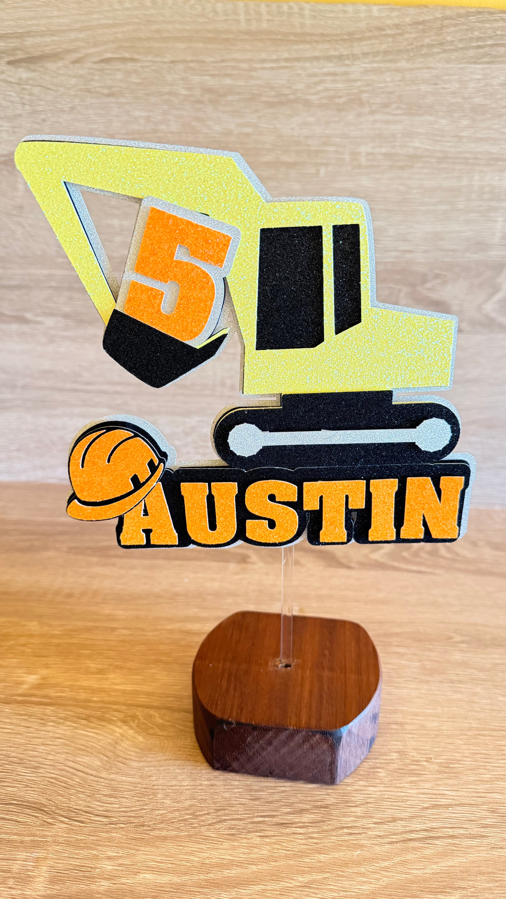 Construction Digger Birthday Cake Topper – Personalised Name & Age Decoration