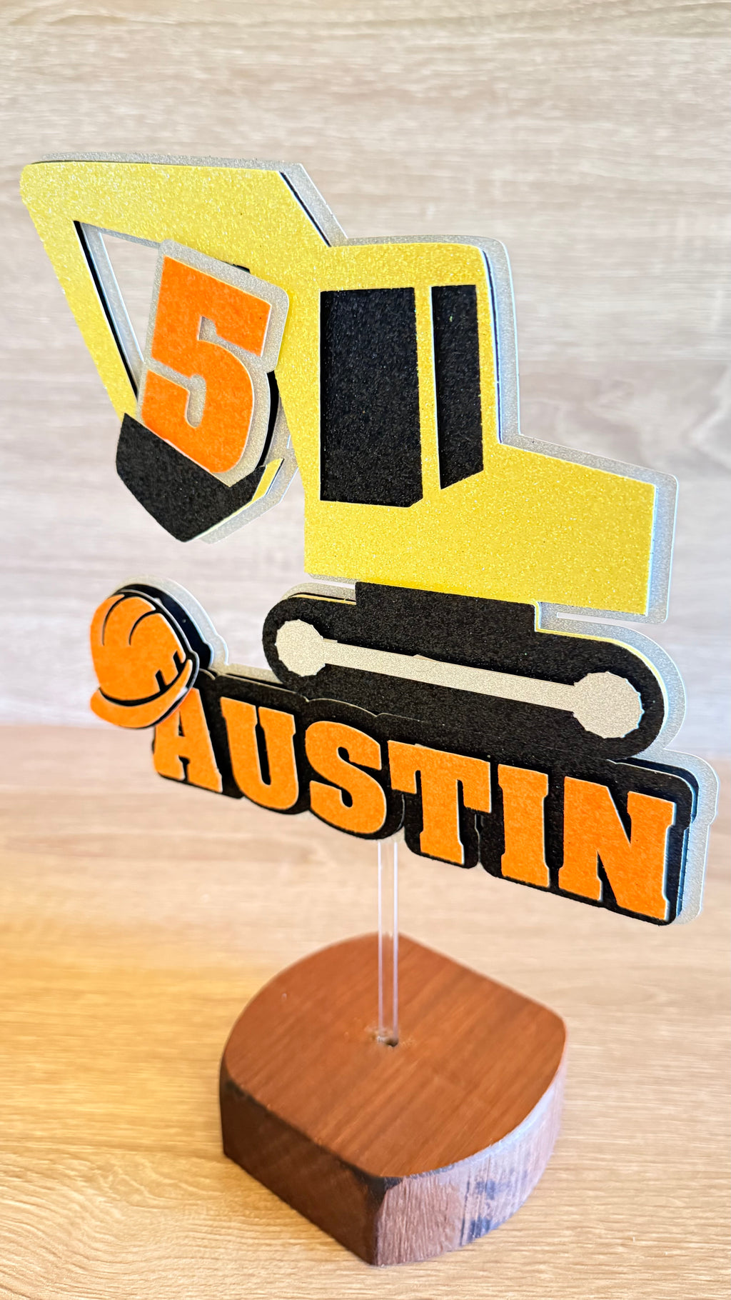 Construction Digger Birthday Cake Topper – Personalised Name & Age Decoration