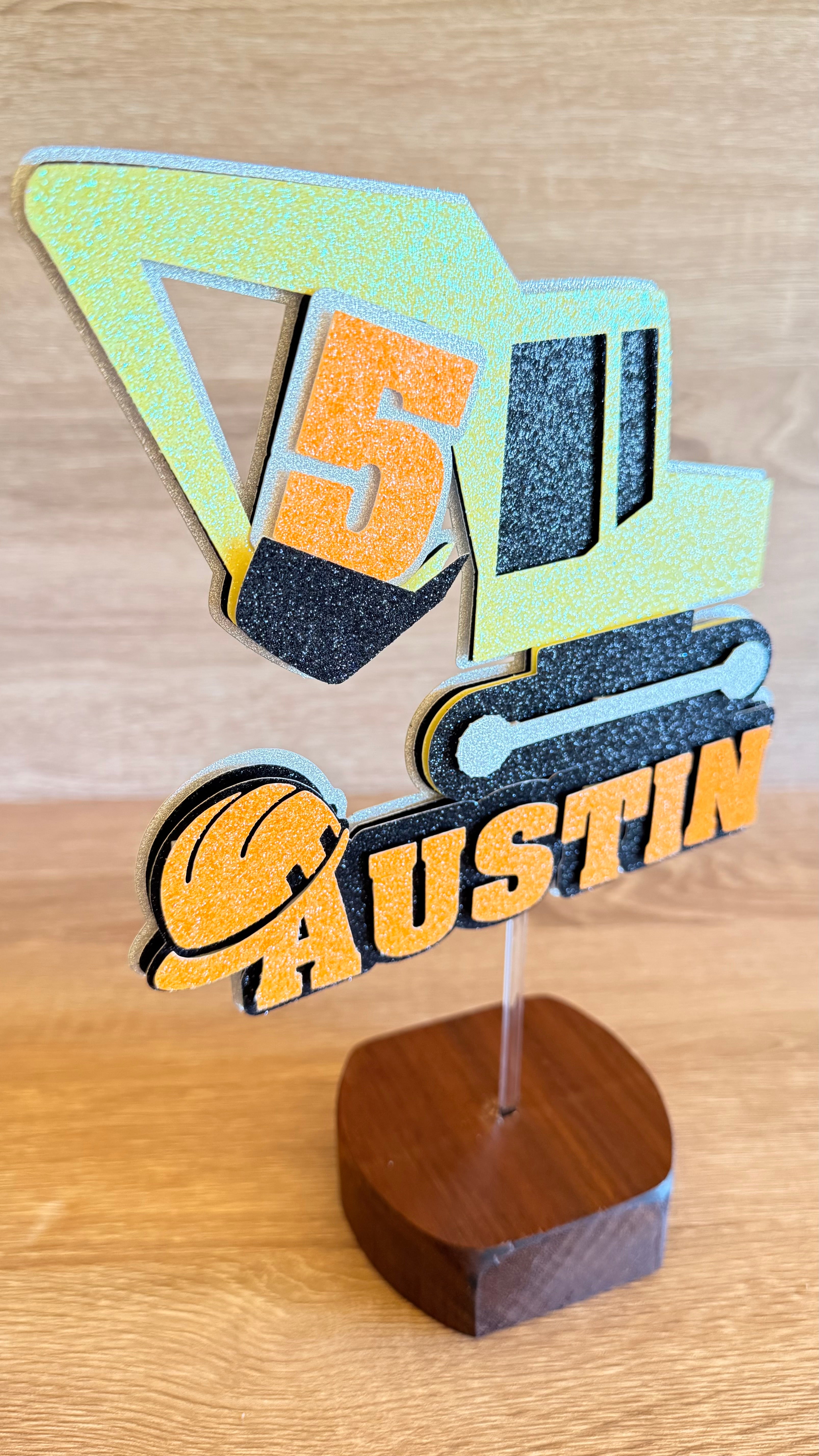 Construction Digger Birthday Cake Topper – Personalised Name & Age Decoration