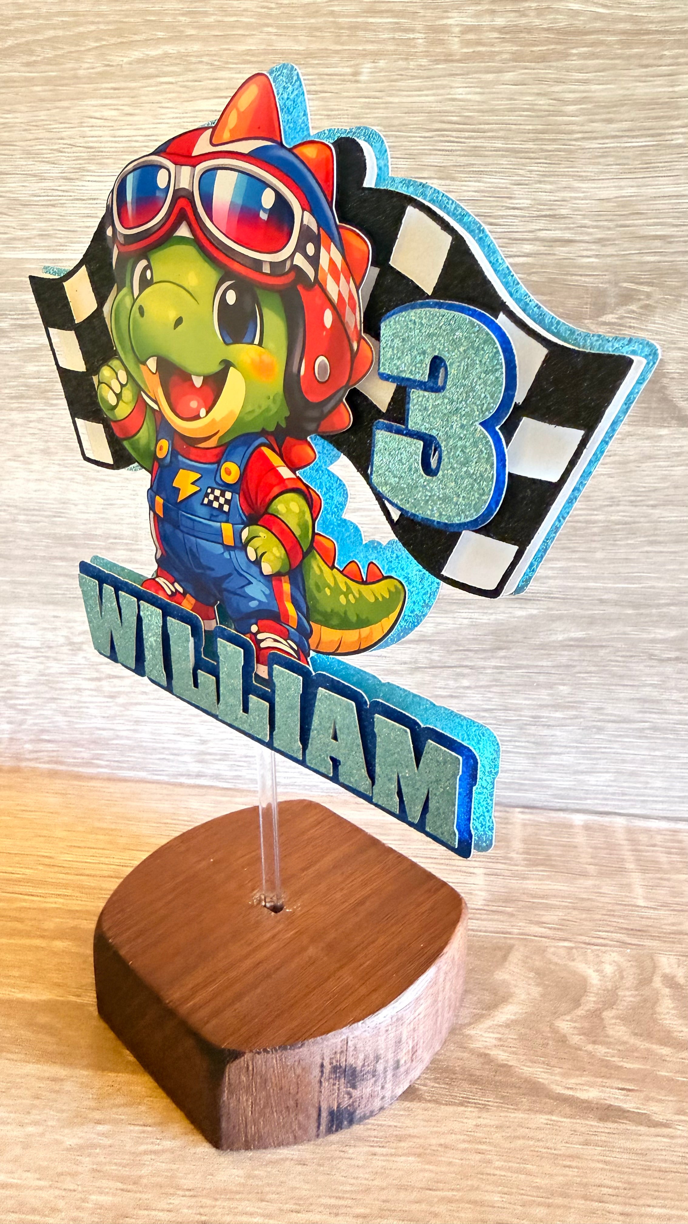 Racing Dinosaur Cake Topper | Personalised Name & Age