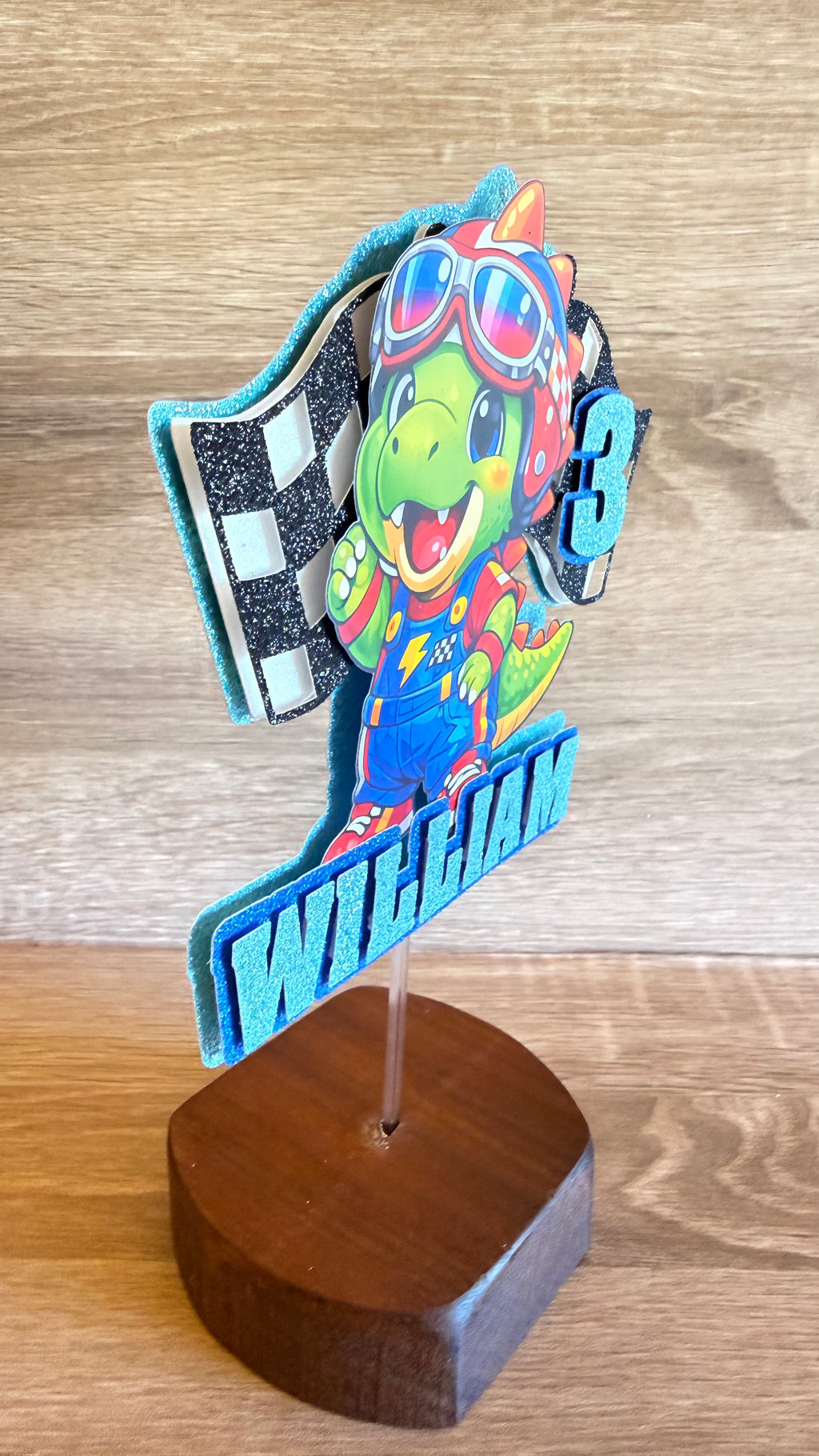 Racing Dinosaur Cake Topper | Personalised Name & Age