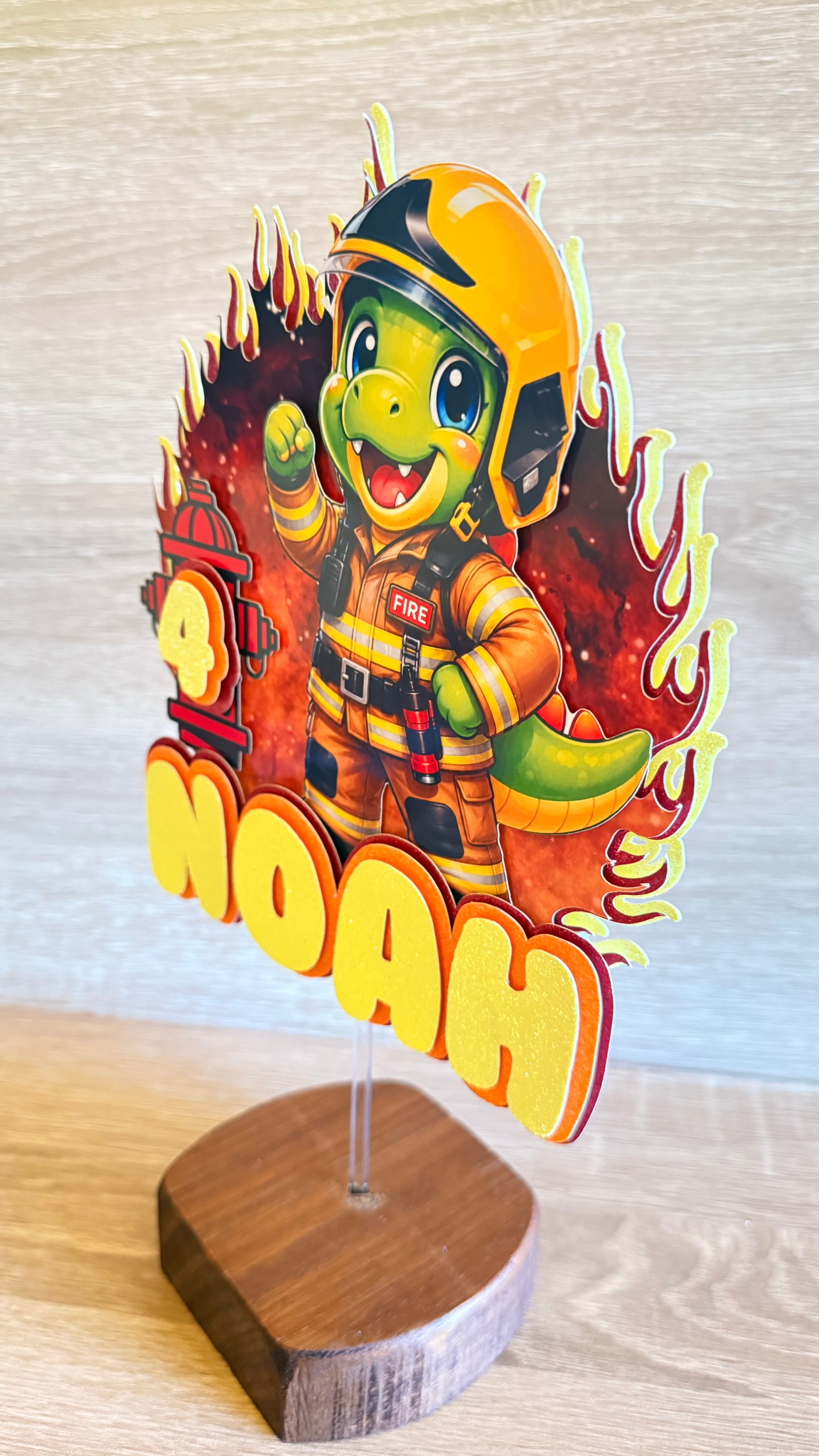 Firefighter Dinosaur Cake Topper | Personalised Name & Age
