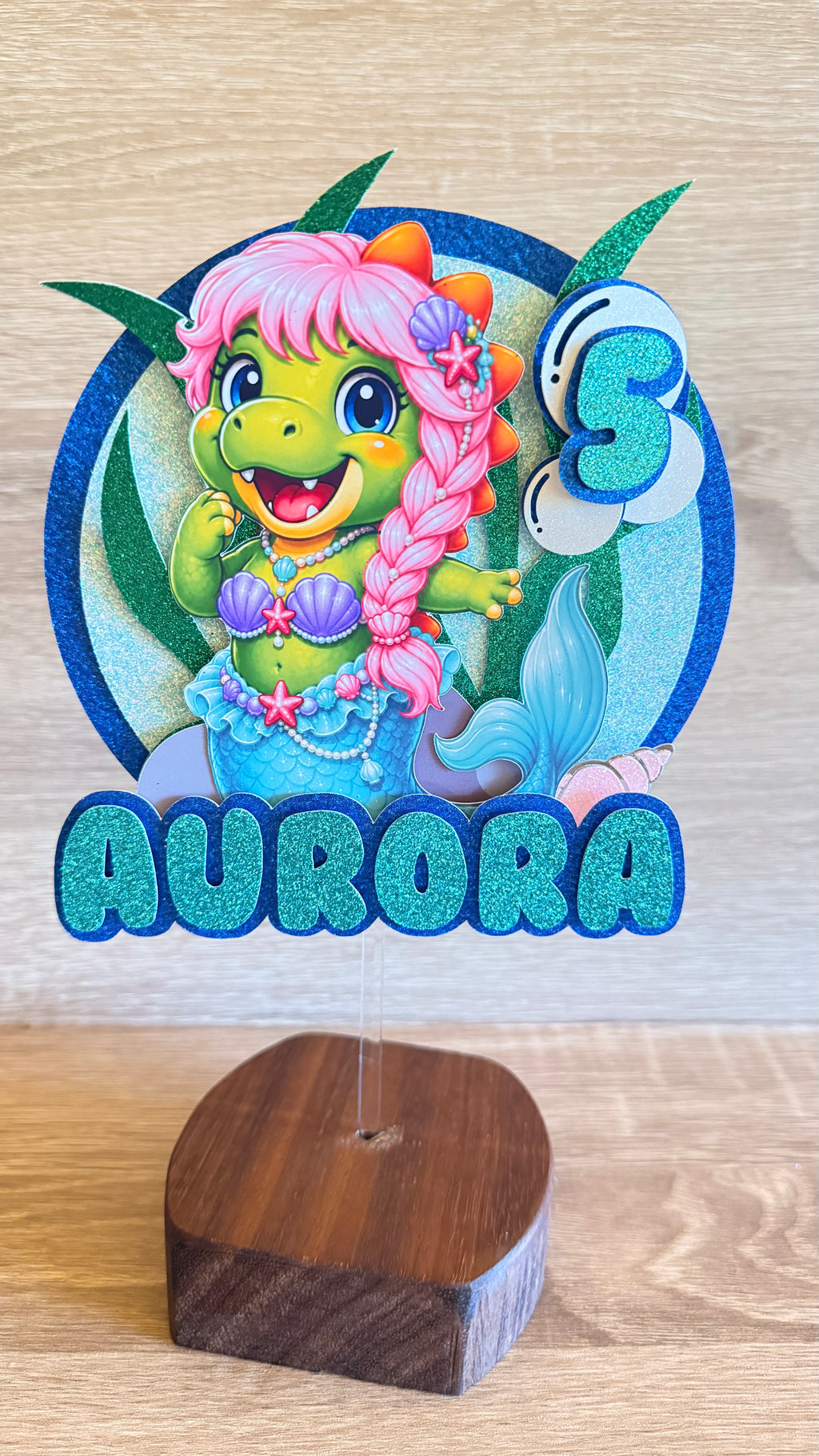 Mermaid Dinosaur Cake Topper | Personalised Name & Age