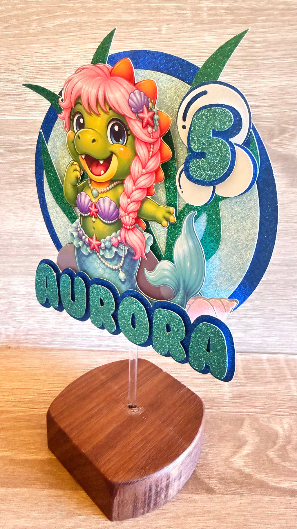 Mermaid Dinosaur Cake Topper | Personalised Name & Age