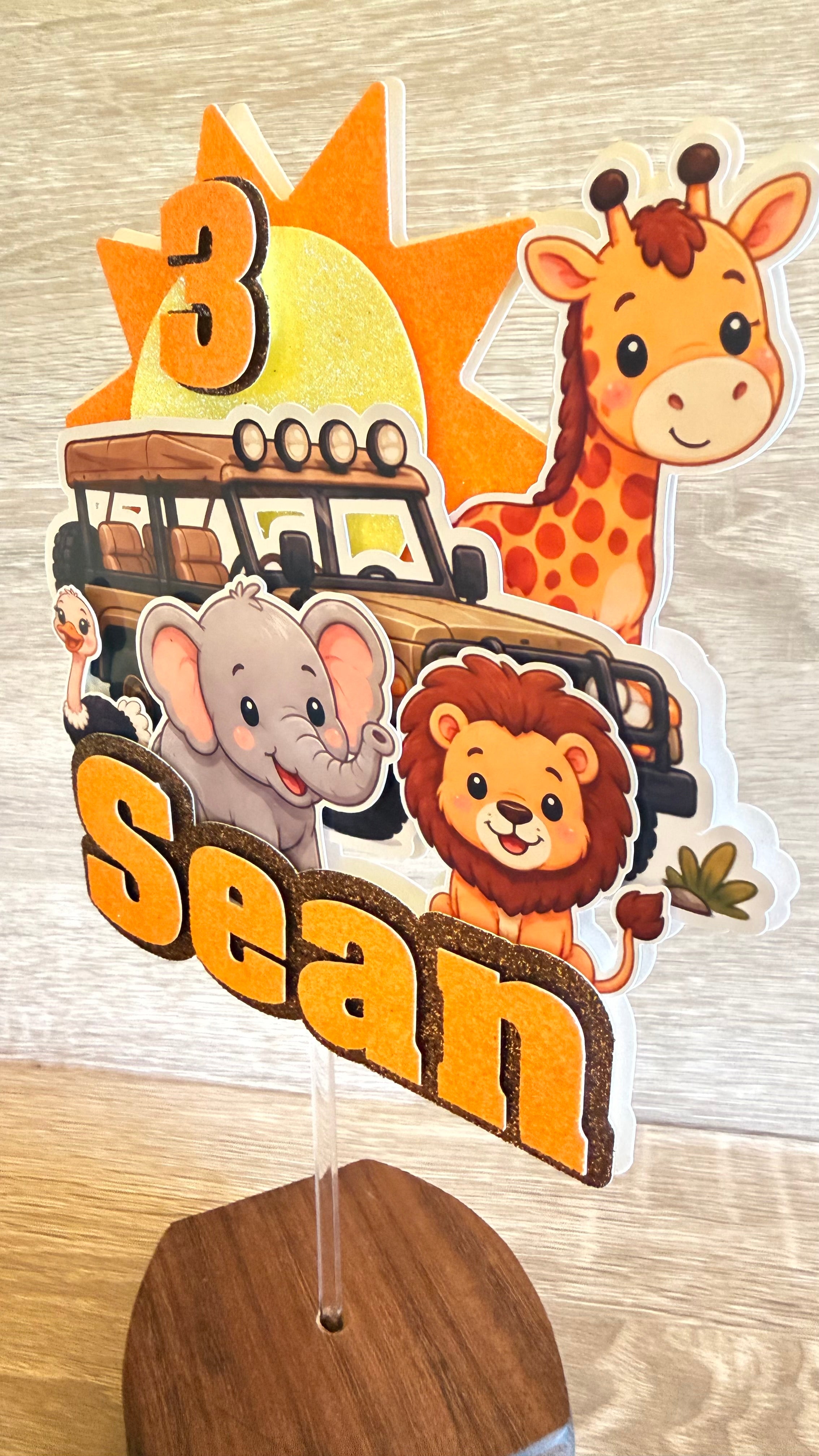 Safari Animal Cake Topper | Personalised Name & Age Birthday Decoration