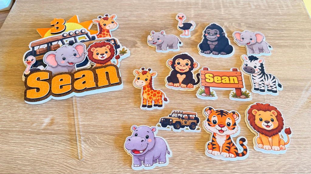 Safari Animal Cake Topper | Personalised Name & Age Birthday Decoration