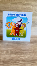 Teletubbies personalised 6x6 birthday card featuring Tinky Winky, Dipsy, Laa-Laa and Po with custom name and age