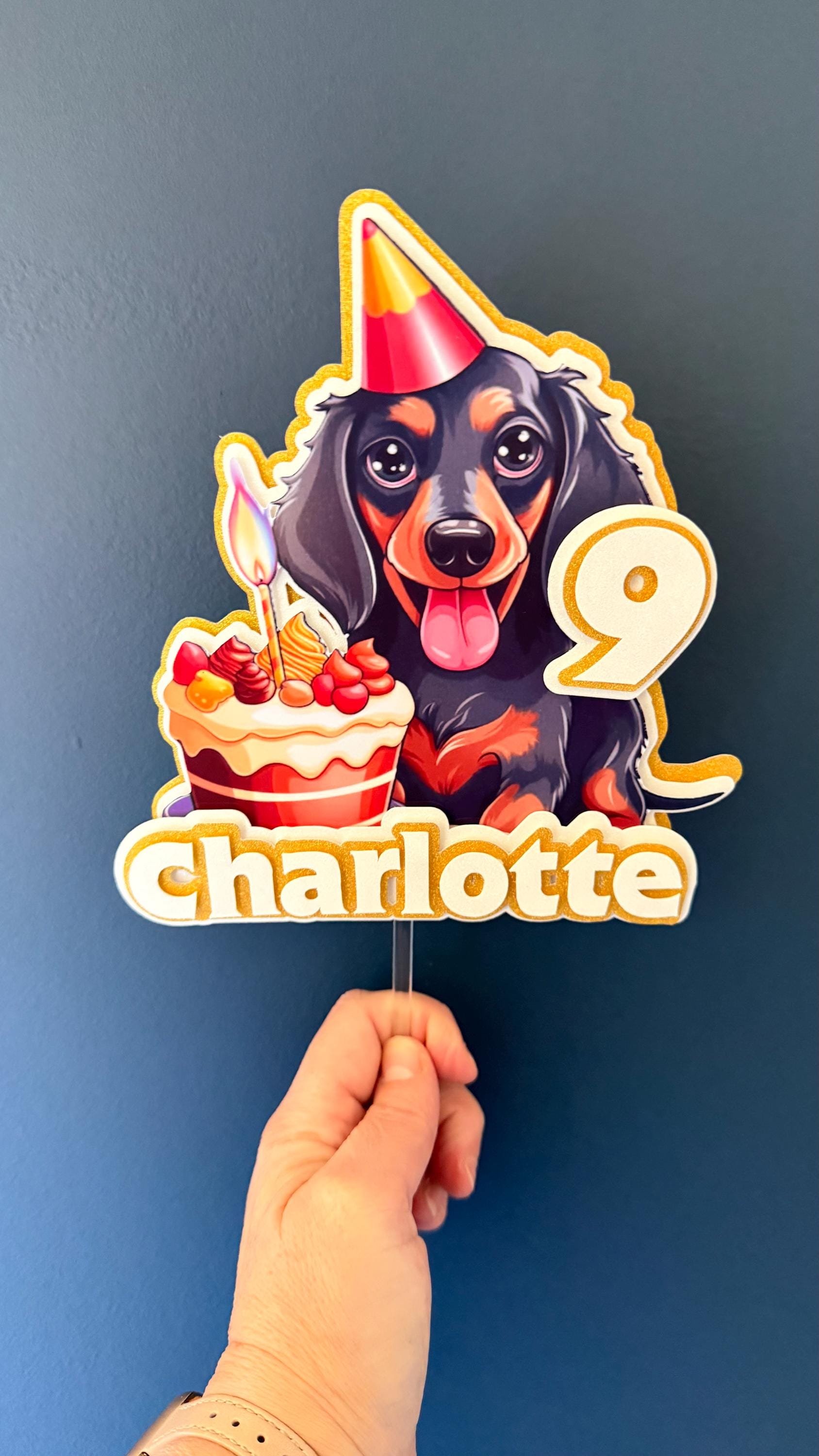Personalised Dachshund Birthday Cake Topper | Custom Name Age Dog Party Decoration
