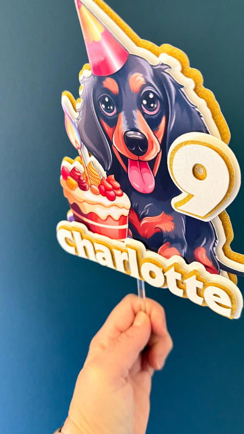 Personalised Dachshund Birthday Cake Topper | Custom Name Age Dog Party Decoration