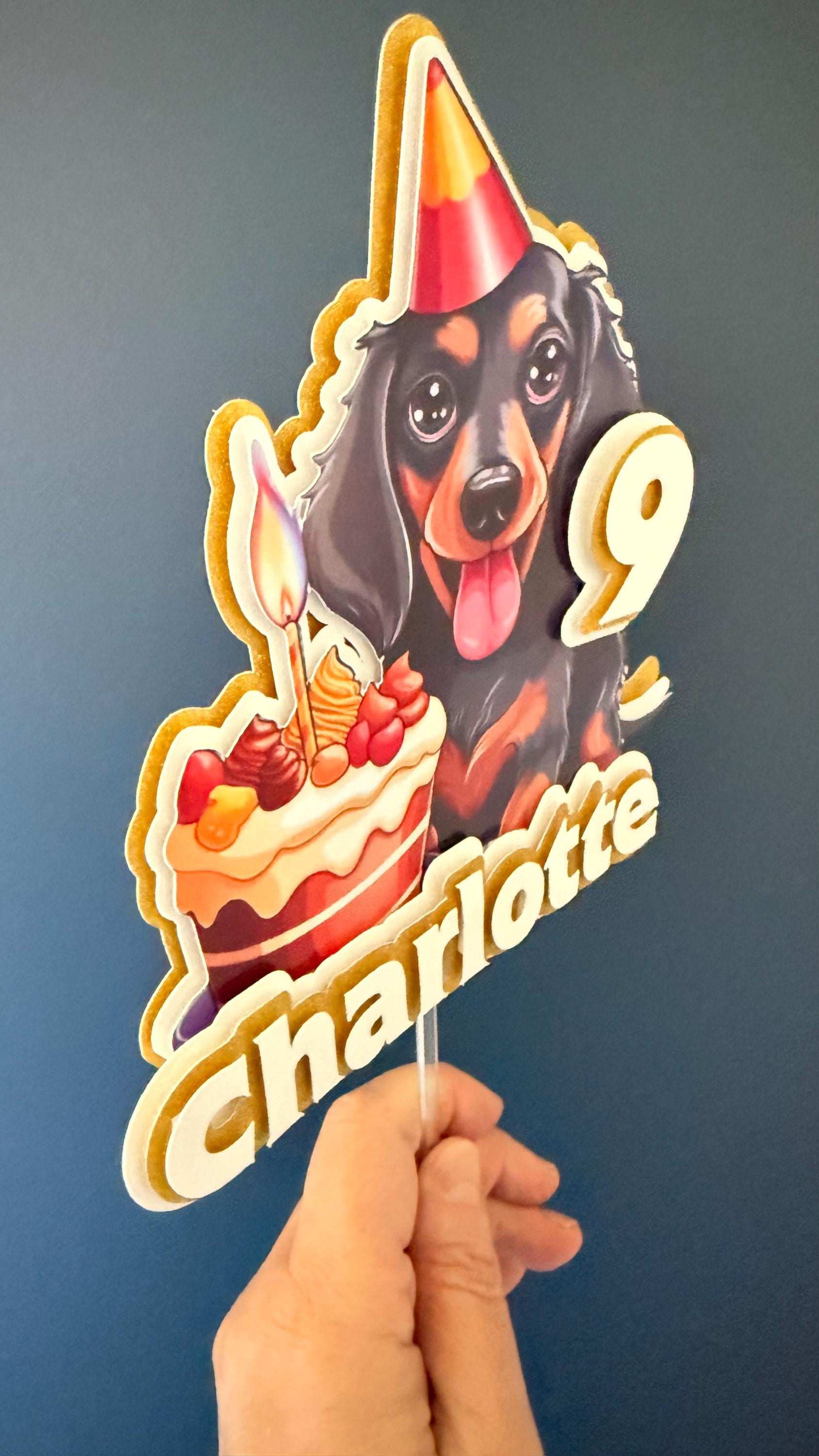 Personalised Dachshund Birthday Cake Topper | Custom Name Age Dog Party Decoration