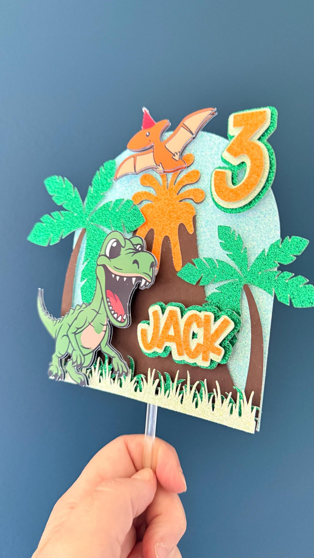 Personalised Dinosaur Birthday Cake Topper | T-Rex, Volcano, Palm Trees
