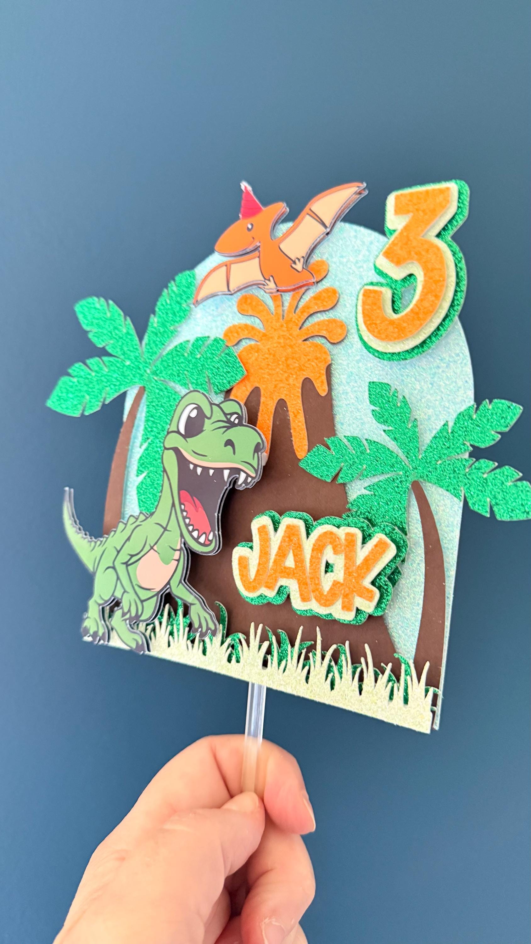 Personalised Dinosaur Birthday Cake Topper | T-Rex, Volcano, Palm Trees