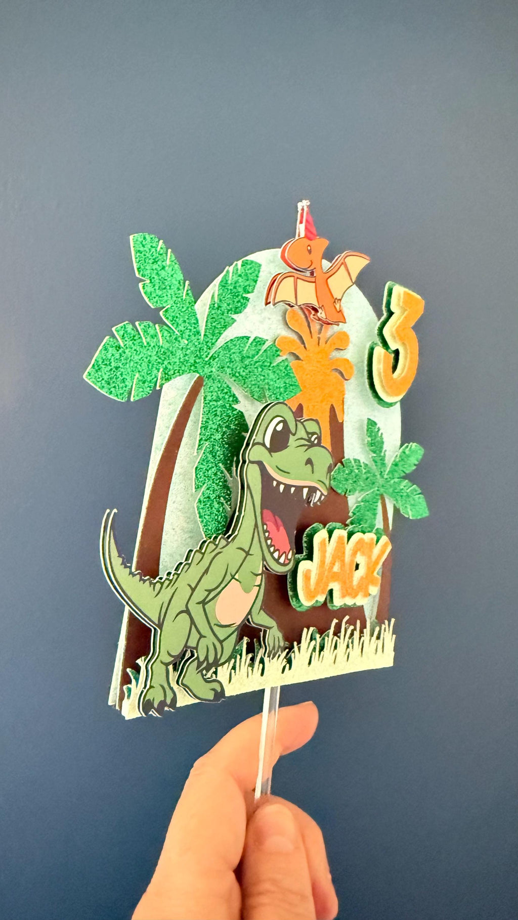 Personalised Dinosaur Birthday Cake Topper | T-Rex, Volcano, Palm Trees