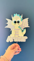 Personalised Green Baby Dragon Cake Topper | Glitter Wings, Any Name Age