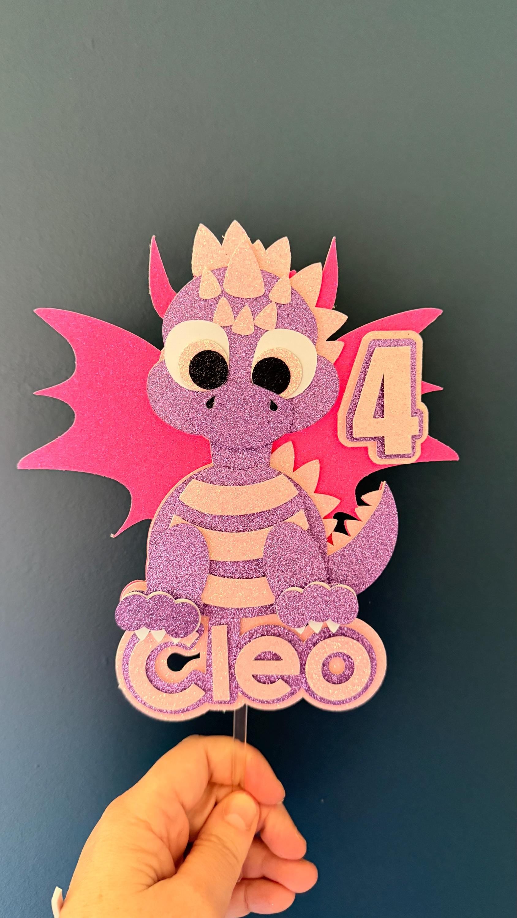 Personalised Green Baby Dragon Cake Topper | Glitter Wings, Any Name Age