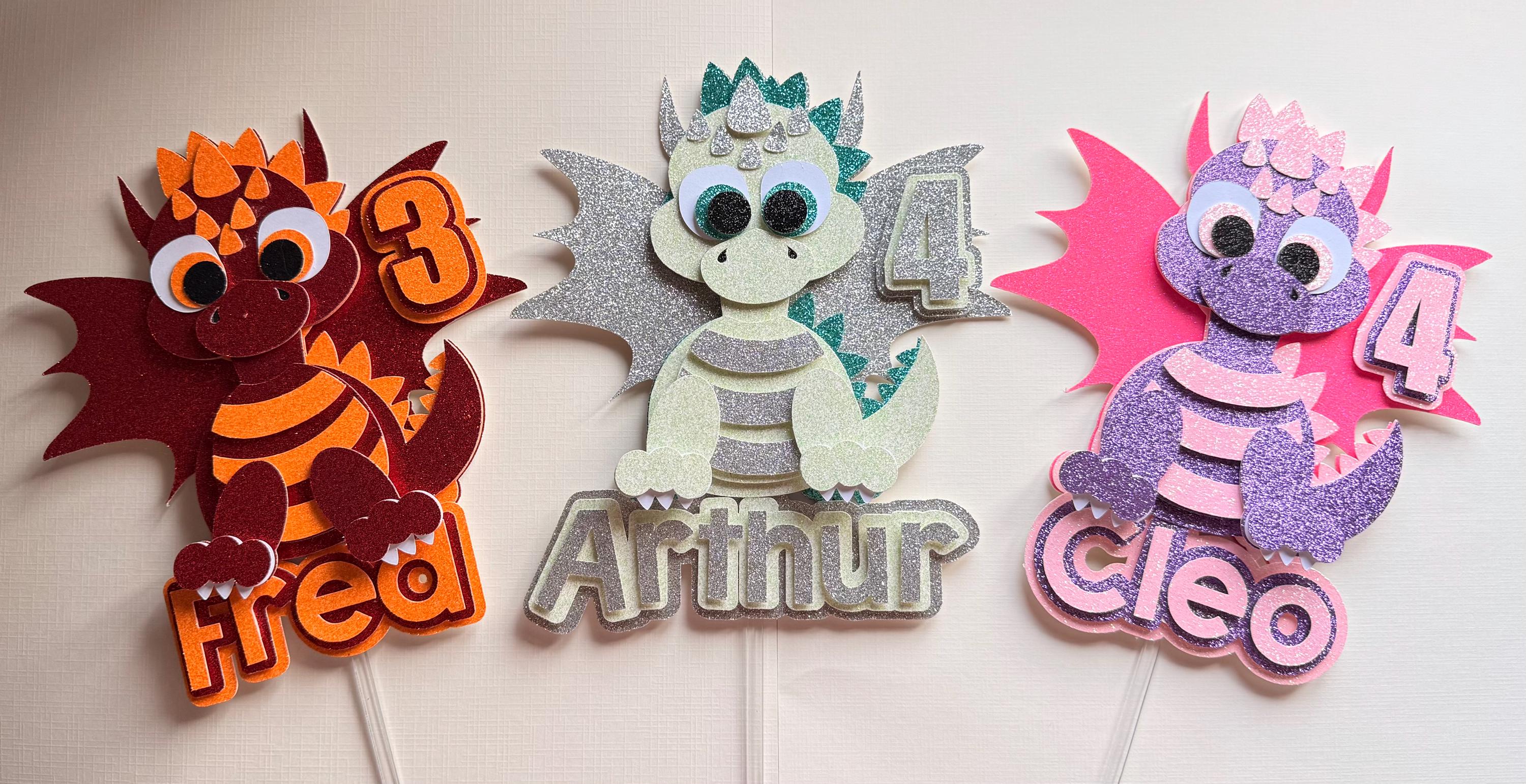 Personalised Purple Baby Dragon Birthday Cake Topper | Glitter Wings, Custom Name Age
