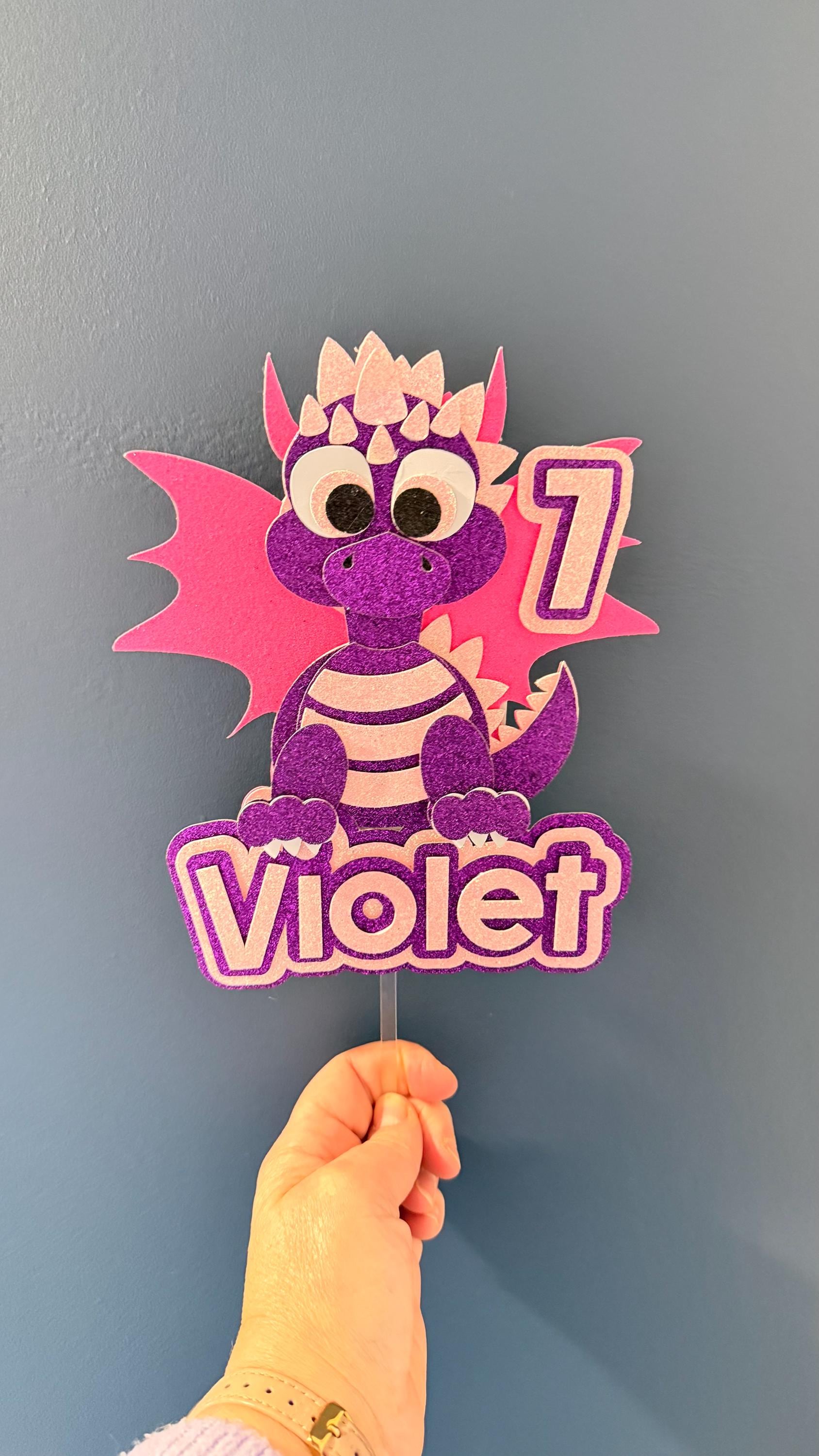 Personalised Purple Baby Dragon Birthday Cake Topper | Glitter Wings, Custom Name Age