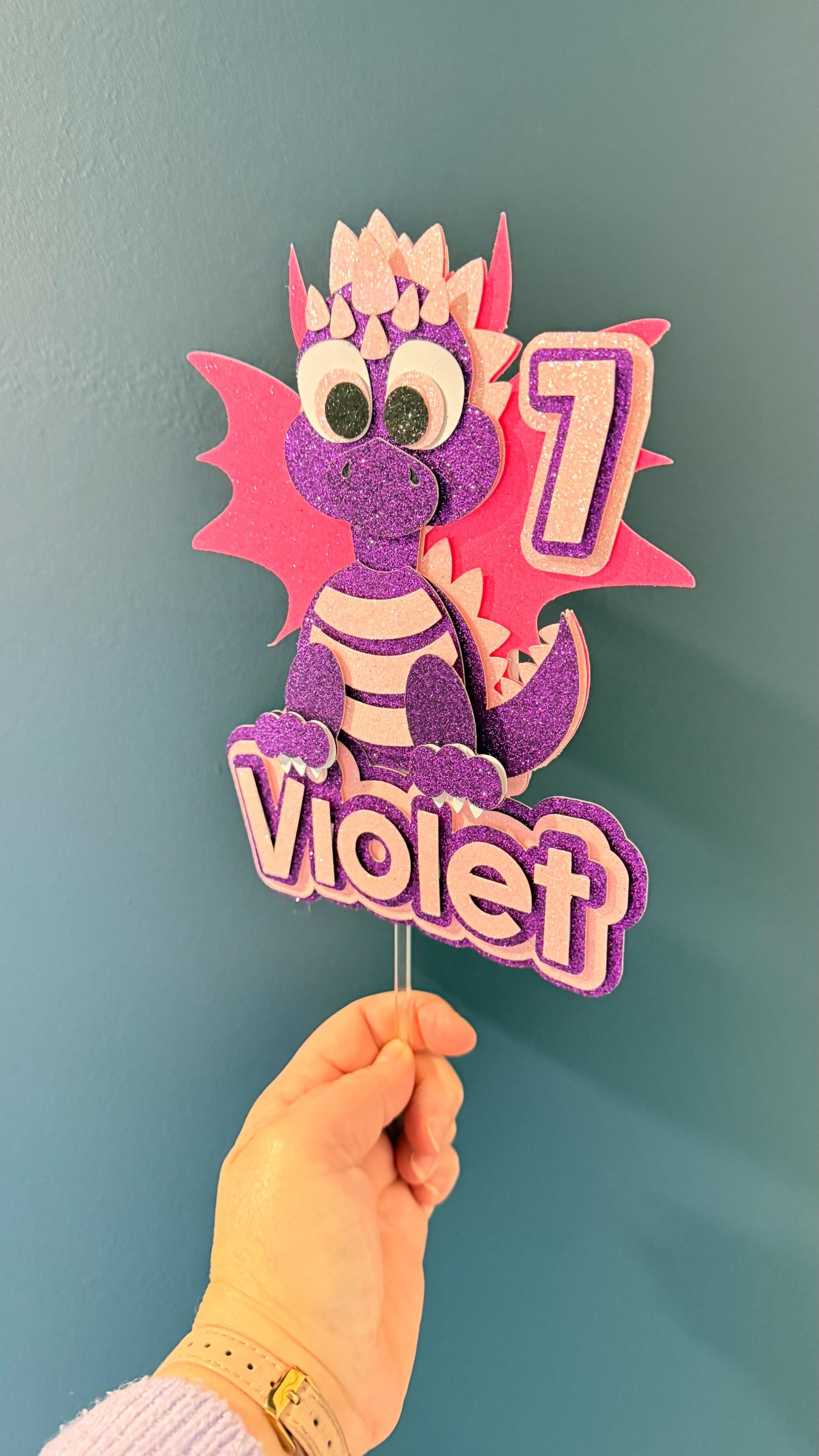 Personalised Purple Baby Dragon Birthday Cake Topper | Glitter Wings, Custom Name Age