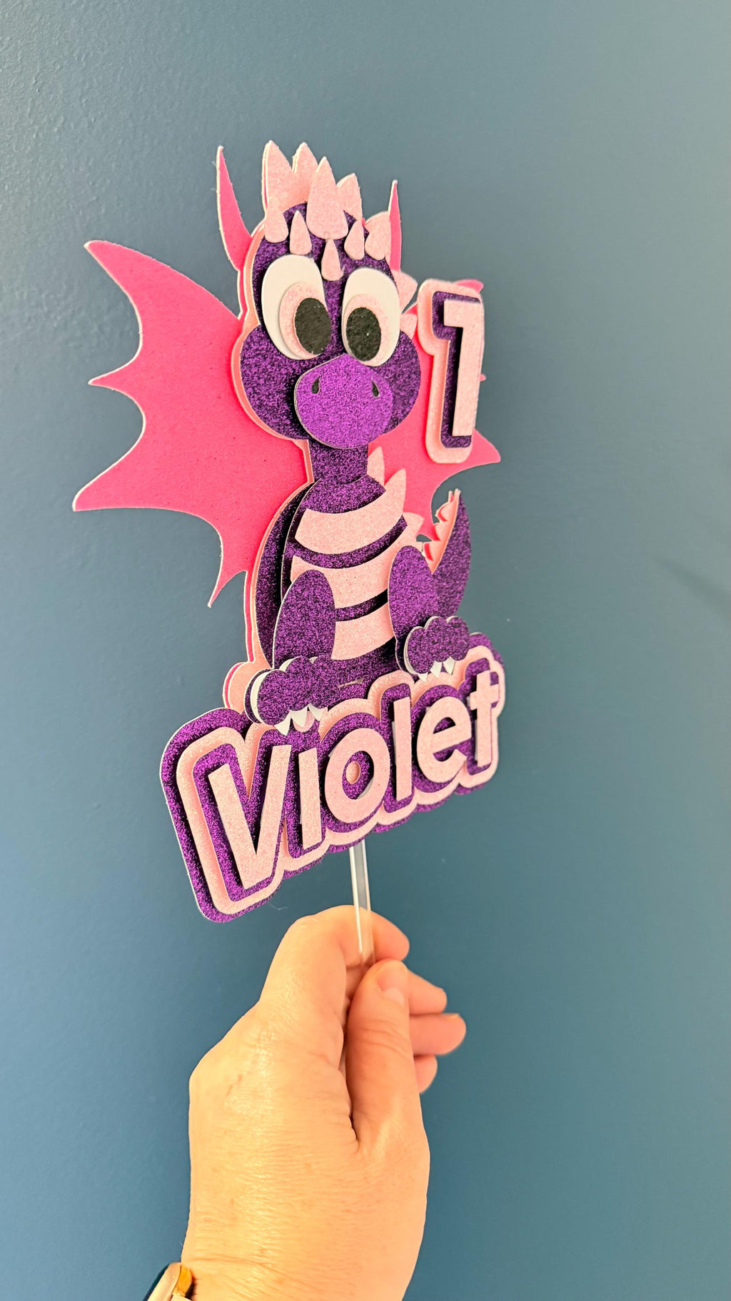 Personalised Purple Baby Dragon Birthday Cake Topper | Glitter Wings, Custom Name Age