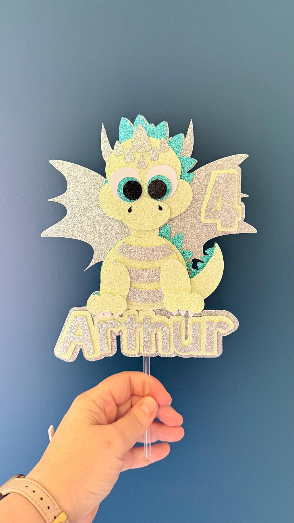 Personalised Purple Baby Dragon Birthday Cake Topper | Glitter Wings, Custom Name Age