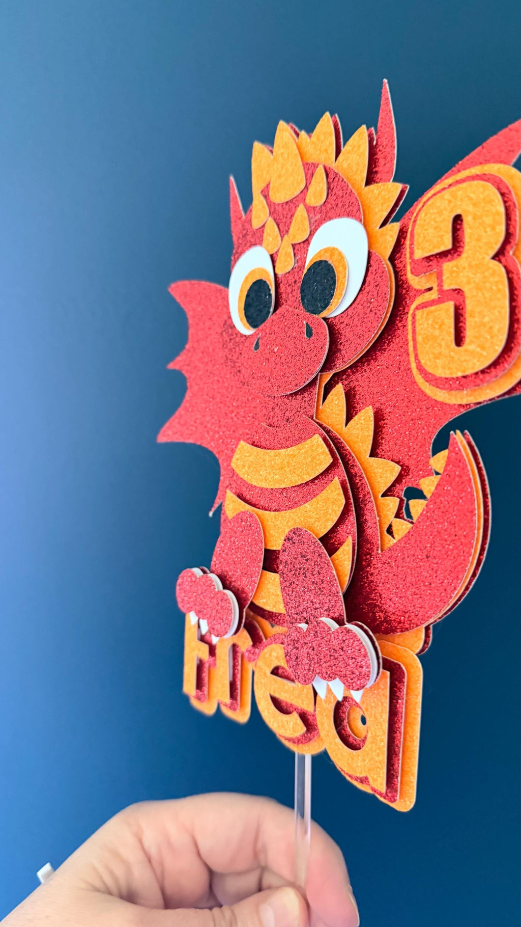Personalised Red Baby Dragon Cake Topper | Glitter Card Birthday Decoration