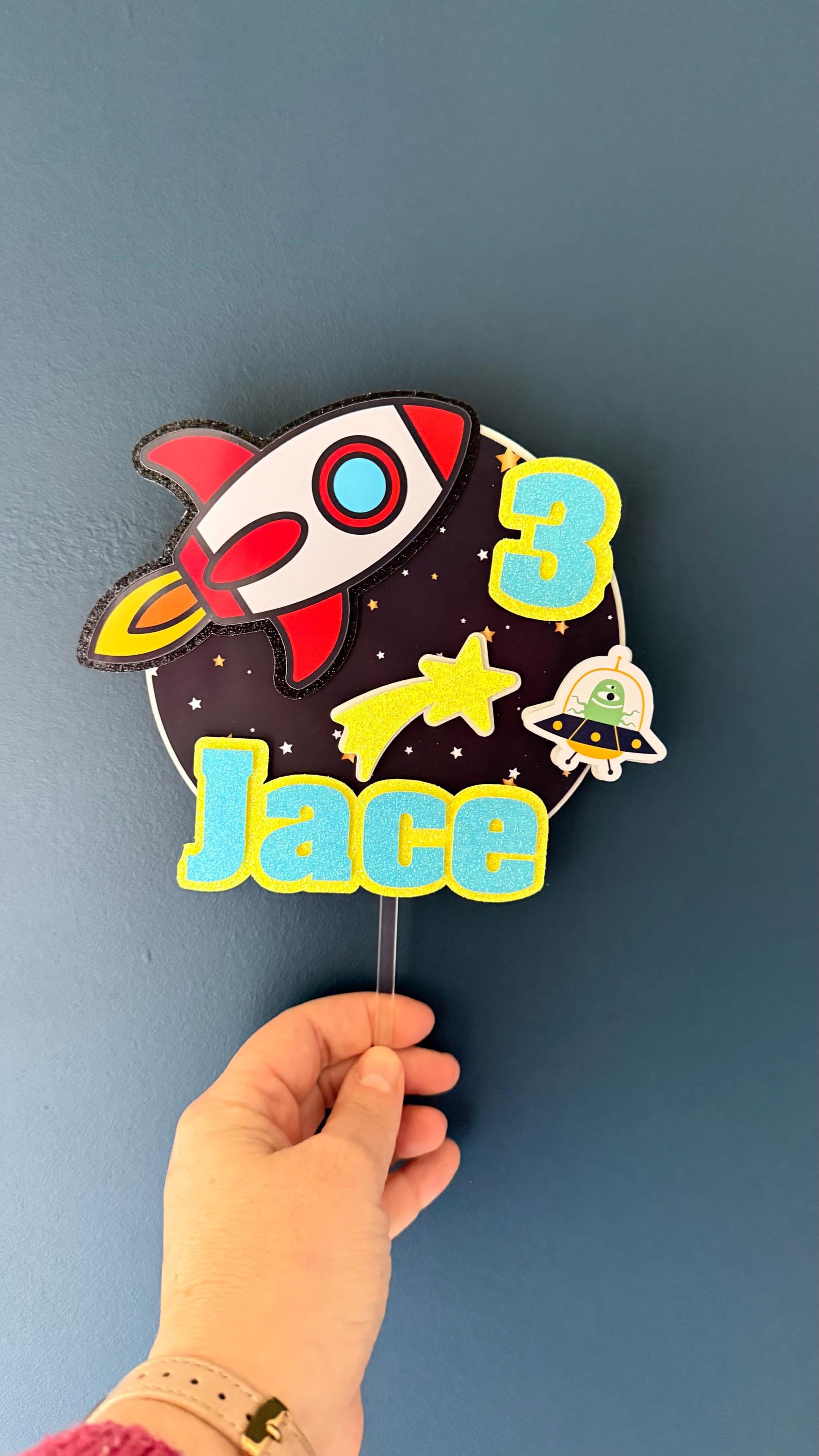 Personalised Space Rocket Cake Topper | Custom Name, Age | Boys Birthday Party Decoration