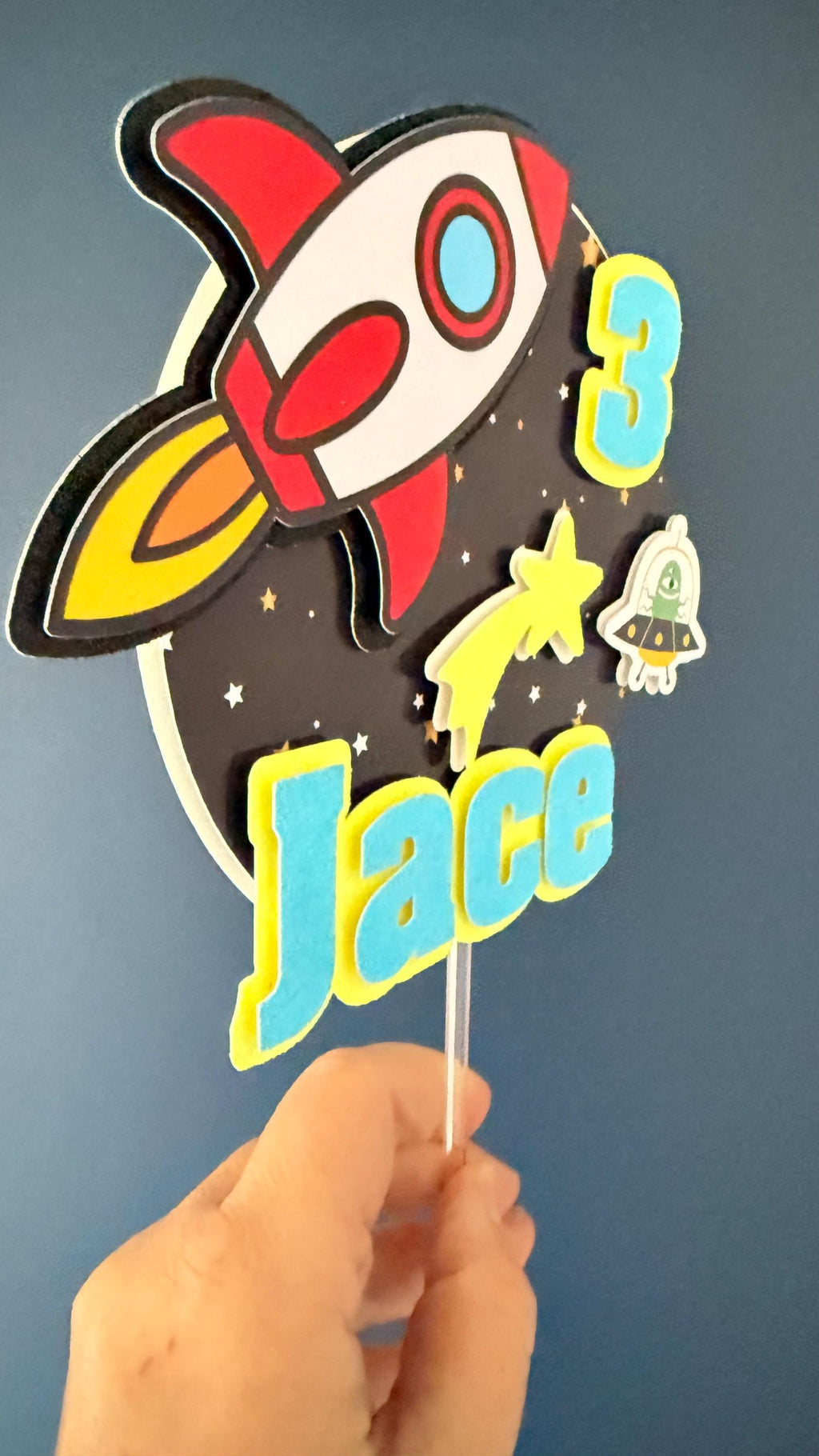 Personalised Space Rocket Cake Topper | Custom Name, Age | Boys Birthday Party Decoration