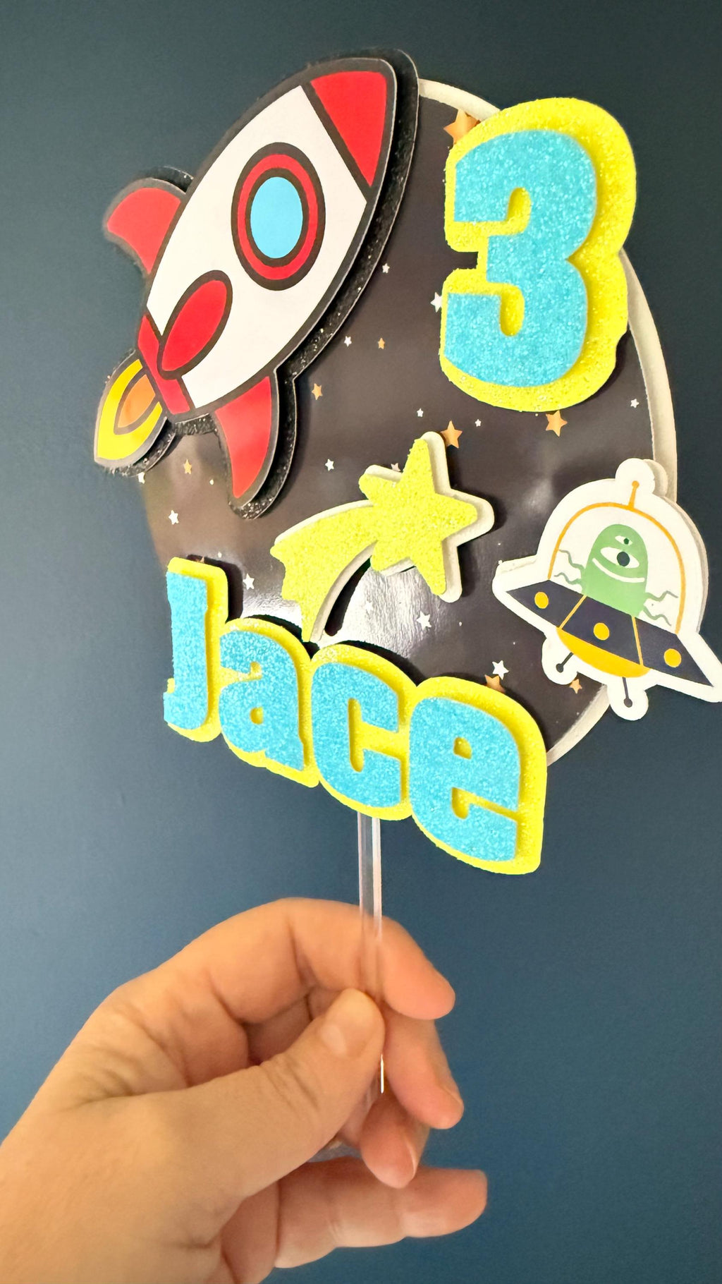 Personalised Space Rocket Cake Topper | Custom Name, Age | Boys Birthday Party Decoration