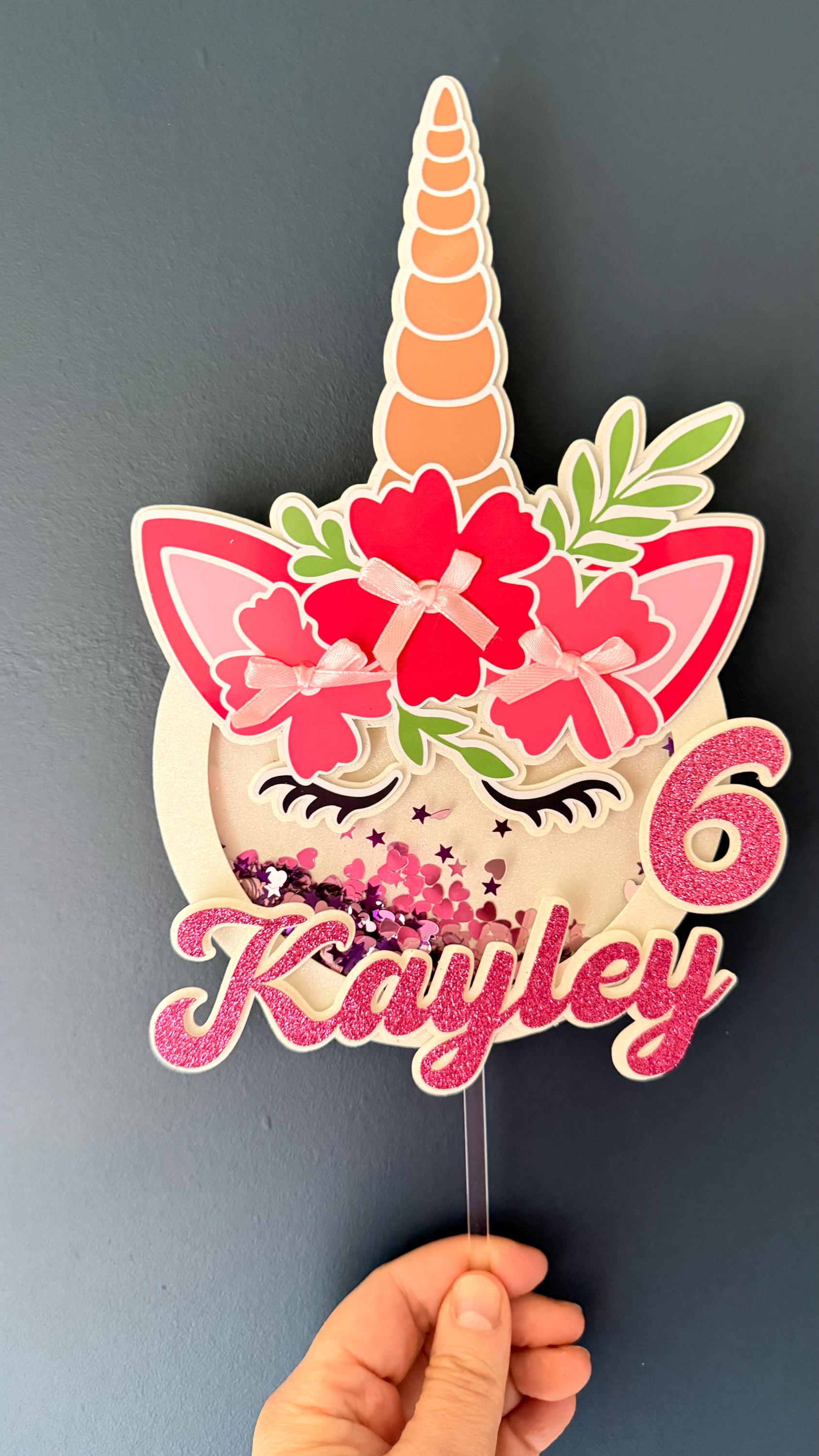 Personalised Unicorn Shaker Cake Topper | Glitter Name, Age, Confetti Stars (Birthday Party)