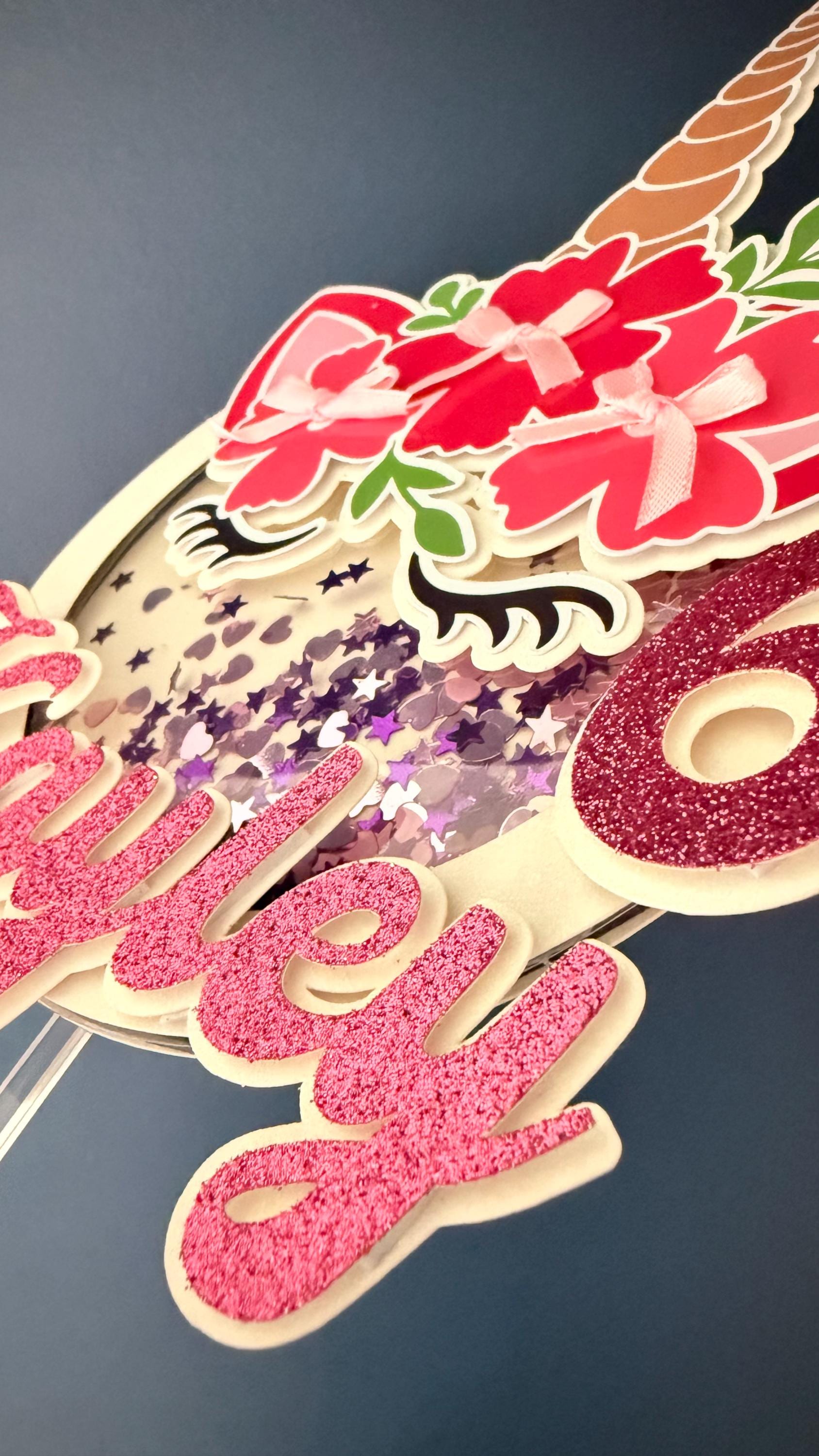 Personalised Unicorn Shaker Cake Topper | Glitter Name, Age, Confetti Stars (Birthday Party)