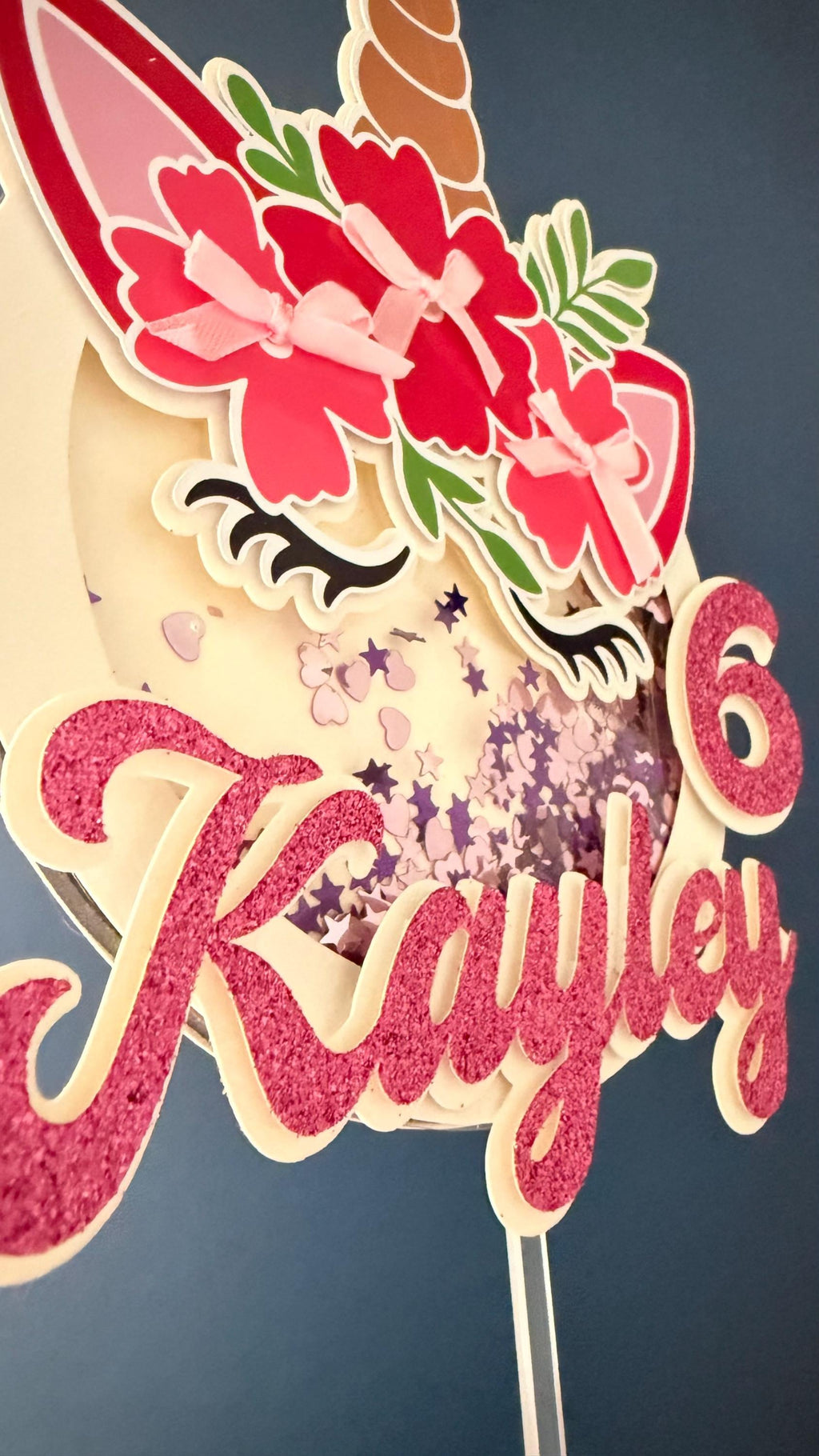 Personalised Unicorn Shaker Cake Topper | Glitter Name, Age, Confetti Stars (Birthday Party)