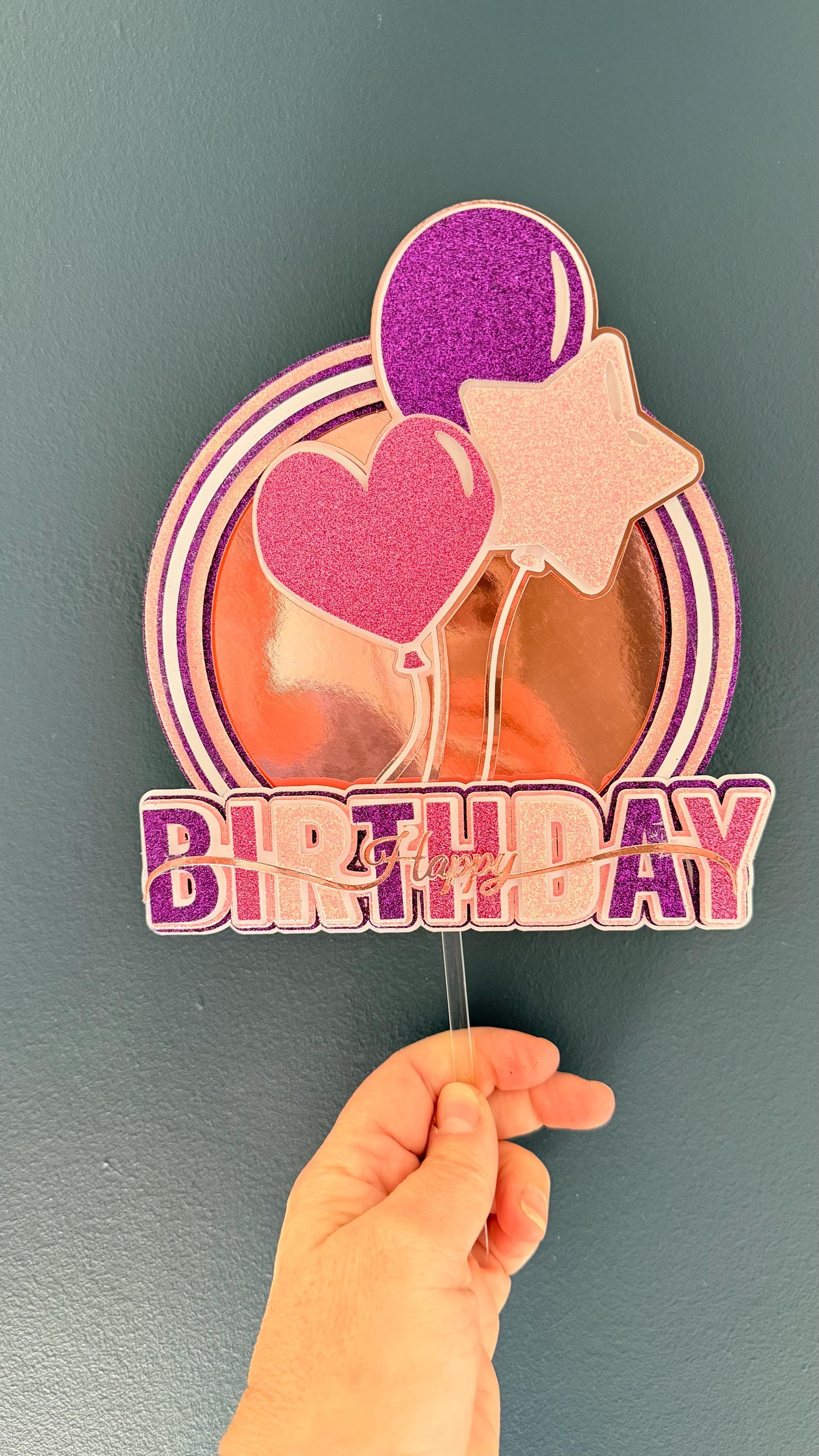 Rose Gold Glitter Balloon Happy Birthday Cake Topper | Purple Pink Party Decoration