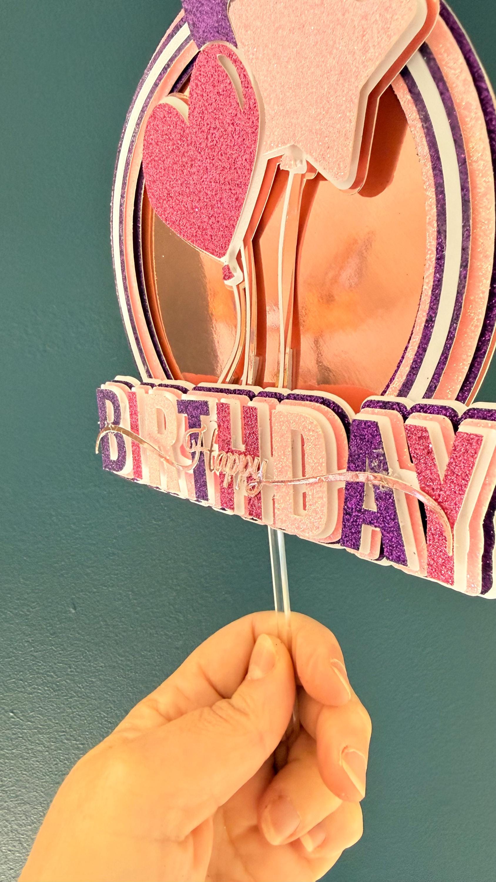Rose Gold Glitter Balloon Happy Birthday Cake Topper | Purple Pink Party Decoration