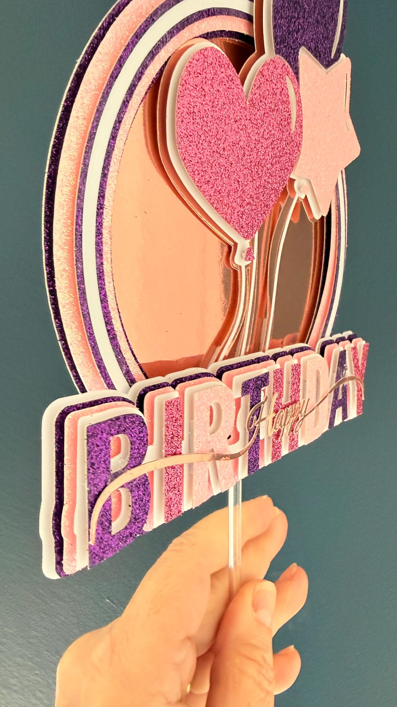 Rose Gold Glitter Balloon Happy Birthday Cake Topper | Purple Pink Party Decoration