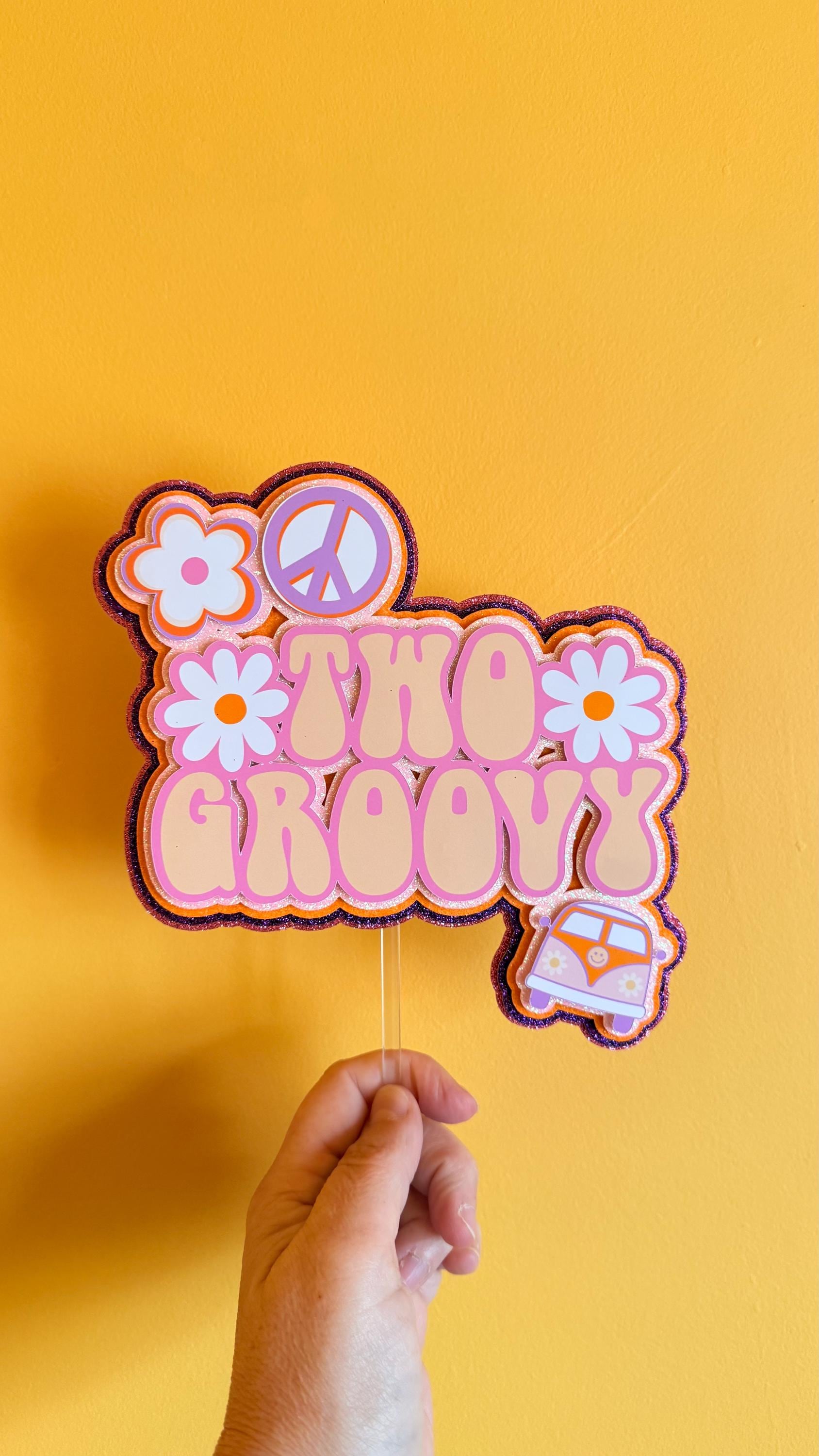 Two Groovy Cake Topper | Retro 70s Peace Sign Daisy VW Van Party Decoration