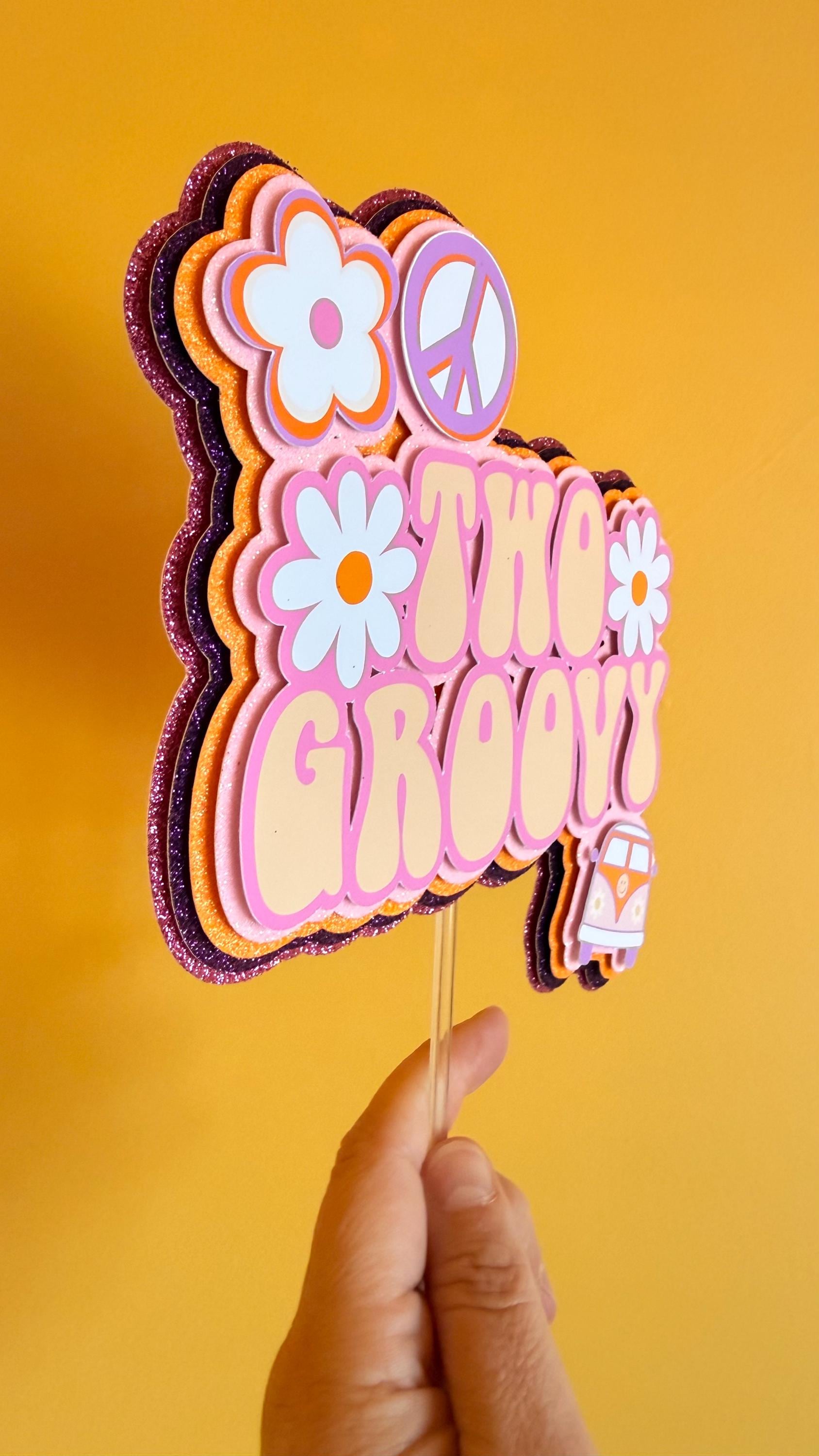 Two Groovy Cake Topper | Retro 70s Peace Sign Daisy VW Van Party Decoration
