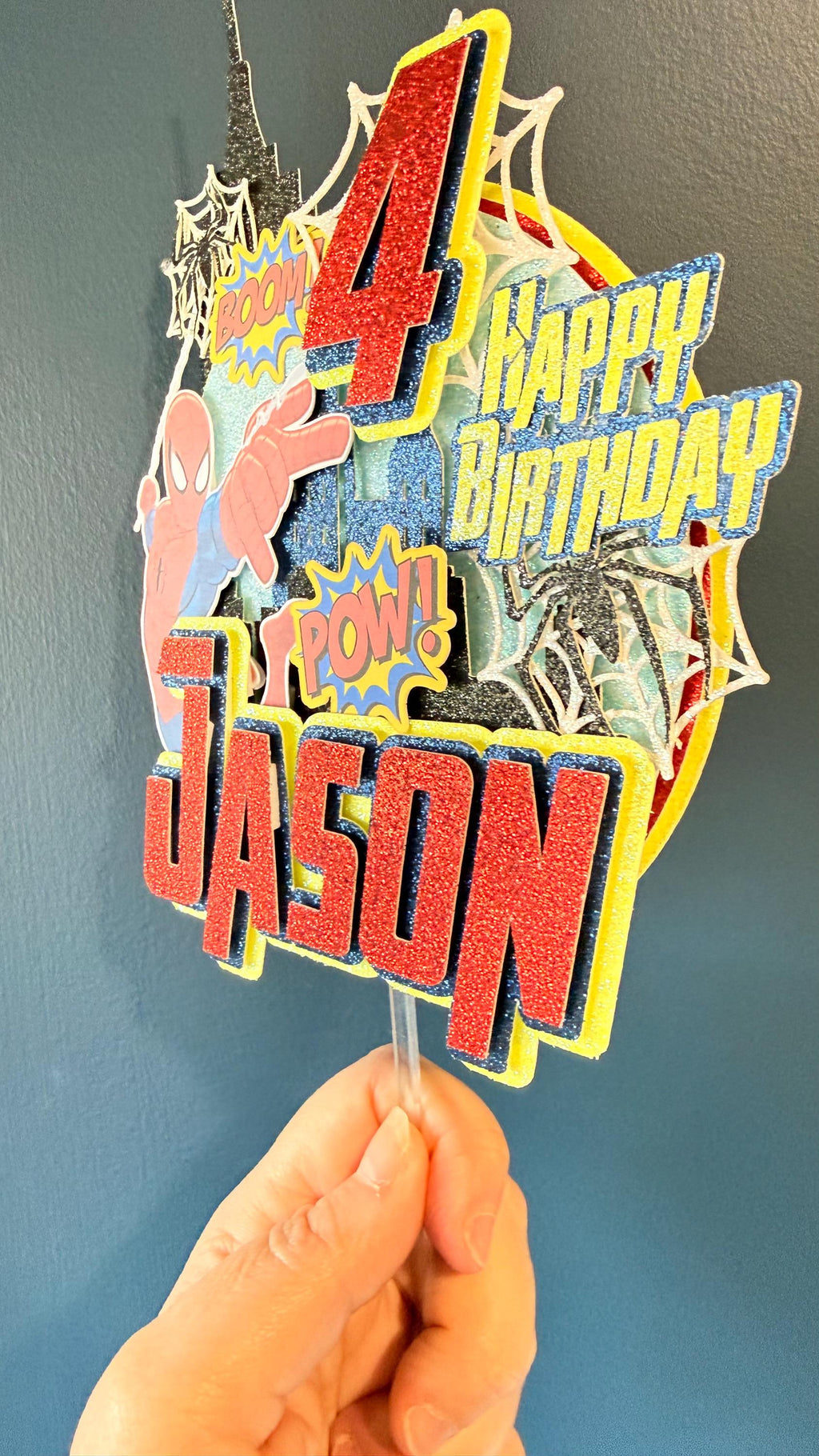 Personalised Superhero Cake Topper | Web Slinger, Cityscape, BOOM POW Graphics __etsy:7831520116