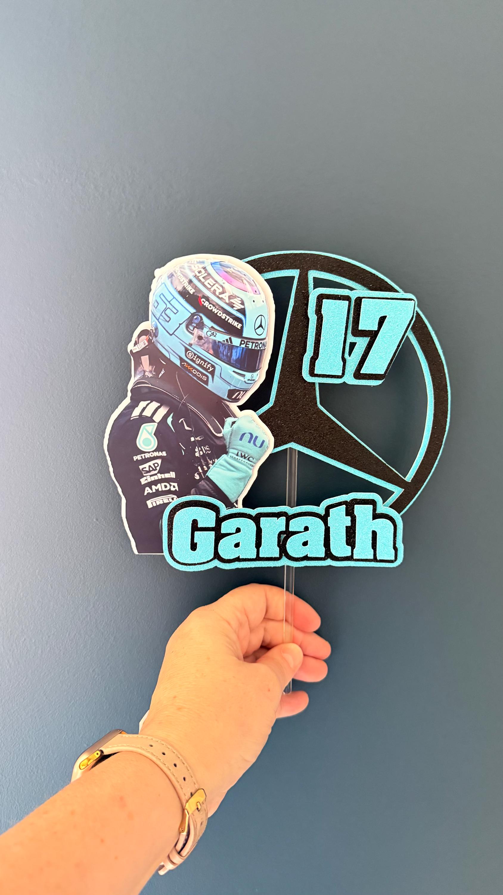 George Russell Mercedes F1 Personalised Cake Topper | Name, Age, Birthday (Card) (etsy image id: 7894254532)