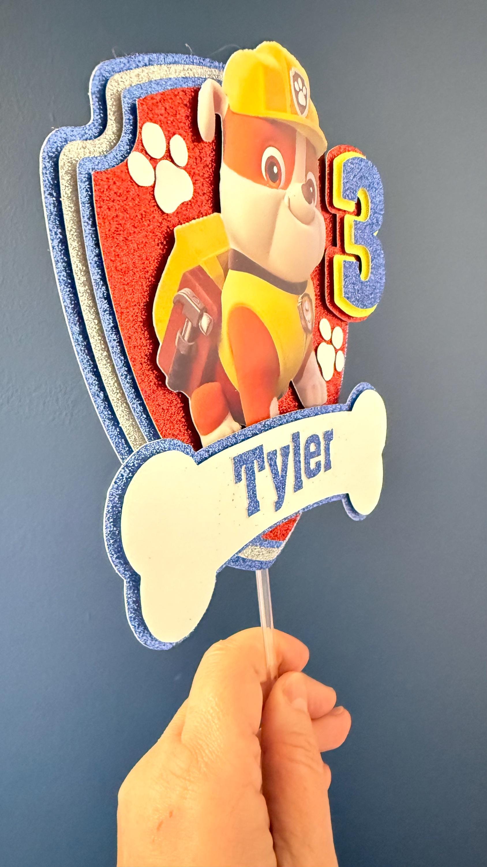 Personalised Rescue Pups Birthday Cake Topper | Custom Name, Age, Glitter Shield __etsy:7967457095