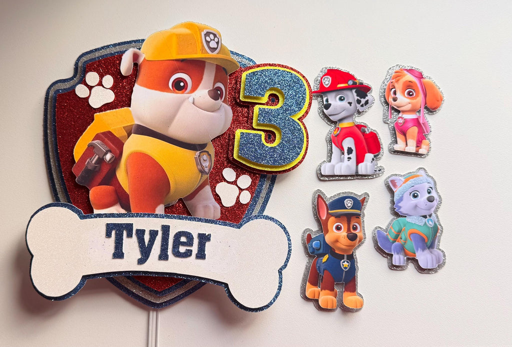 Personalised Rescue Pups Birthday Cake Topper | Custom Name, Age, Glitter Shield __etsy:7967457097